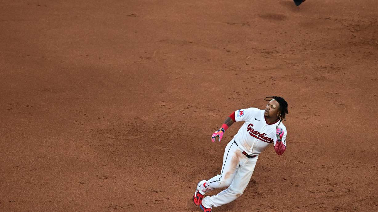 Cleveland Guardians' Jose Ramirez rounds first base after hitting a single during the sixth inning of a baseball game against the New York Yankees, Tuesday, June 9, 2026, in Cleveland.