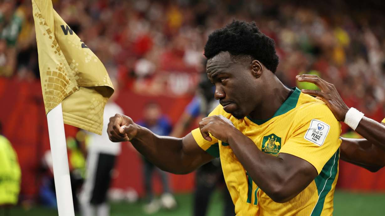 Australia's Nestory Irankunda (17) celebrates scoring the first goal against Turkey during the World Cup Group D soccer match, in Vancouver, British Columbia, Saturday, June 13, 2026.