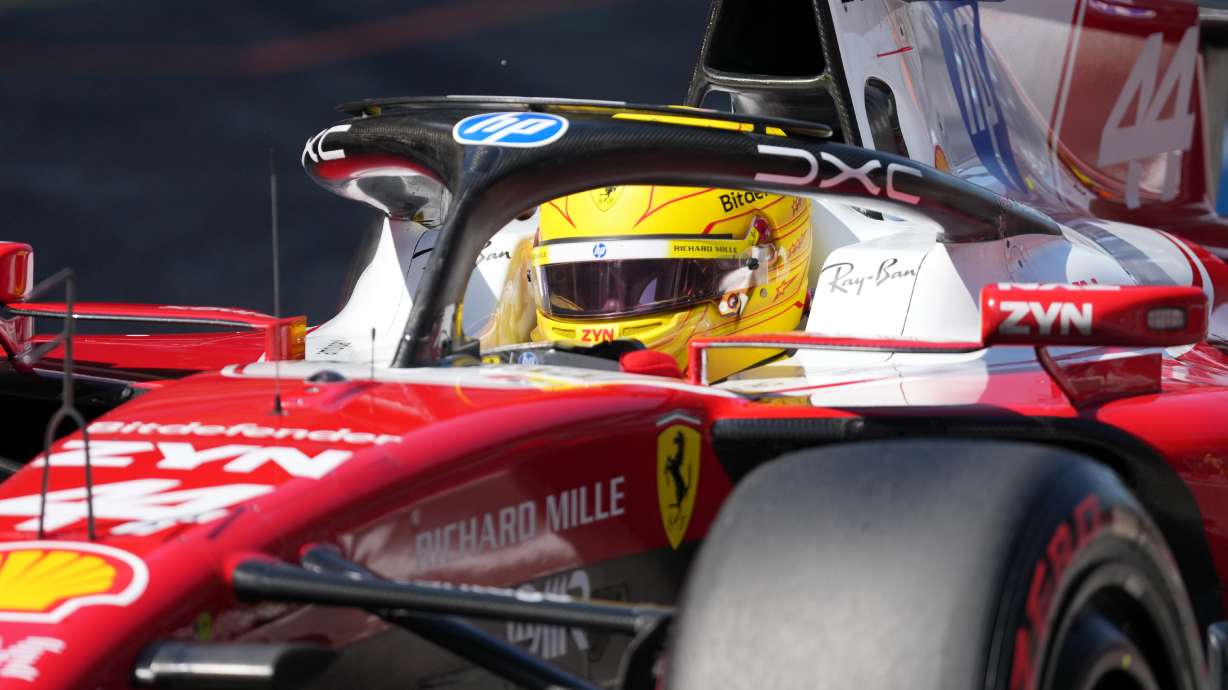 Ferrari driver Lewis Hamilton of Britain steers his car during qualifying session for the Spain F1 Grand Prix at the Barcelona Catalunya racetrack in Montmelo, near Barcelona, Spain, Saturday, June 13, 2026.