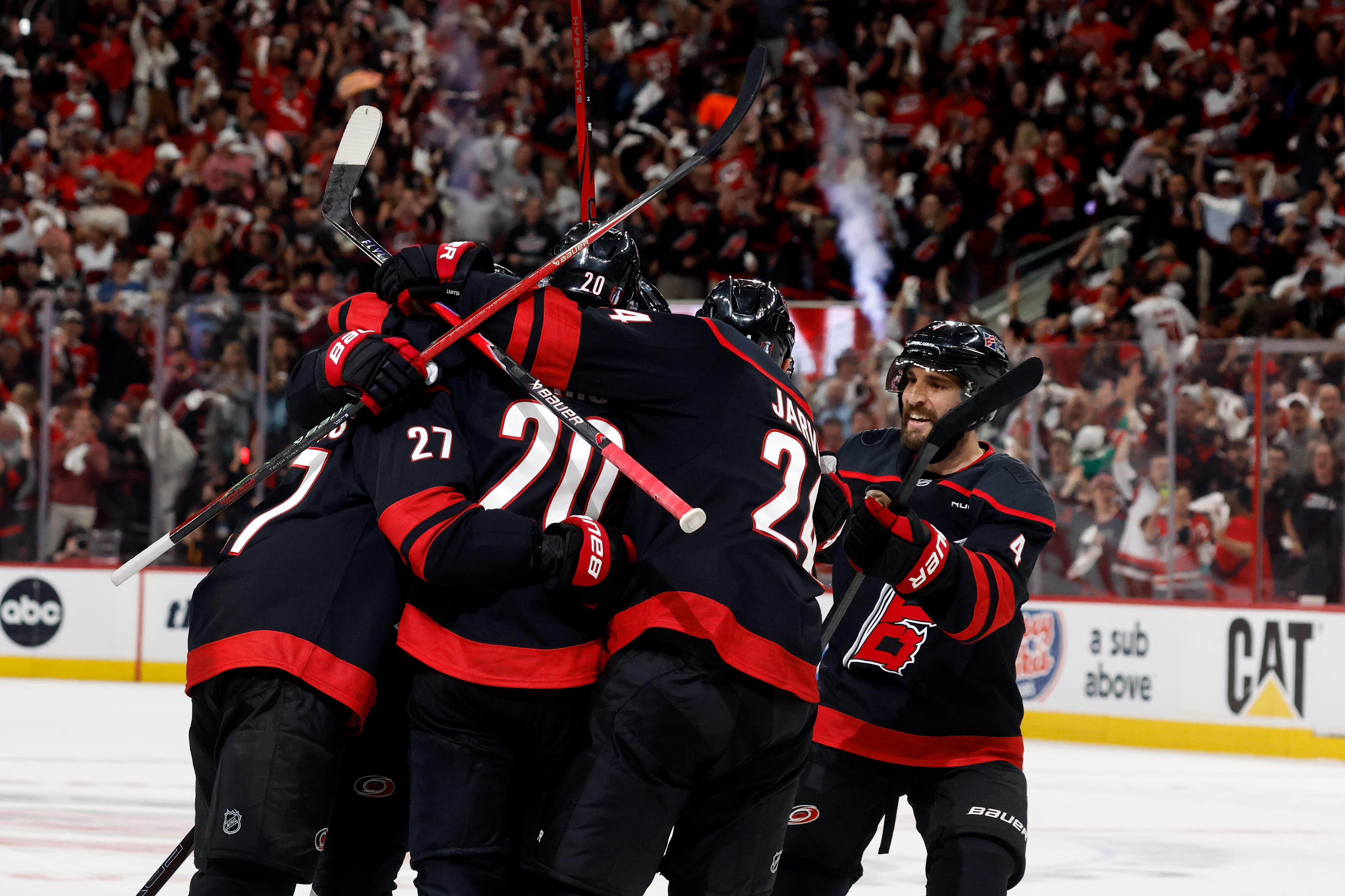 Carolina Hurricanes players celebrate after a goal by Andrei Svechnikov during the second period in Game 5 of the NHL hockey Stanley Cup Final series against the Vegas Golden Knights in Raleigh, N.C., Thursday, June 11, 2026.