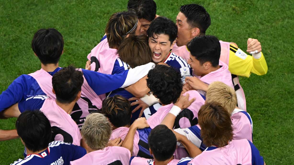 Japan celebrates a goal during the World Cup Group F soccer match between the Netherlands and Japan in Arlington, Texas, near Dallas, Sunday, June 14, 2026.
