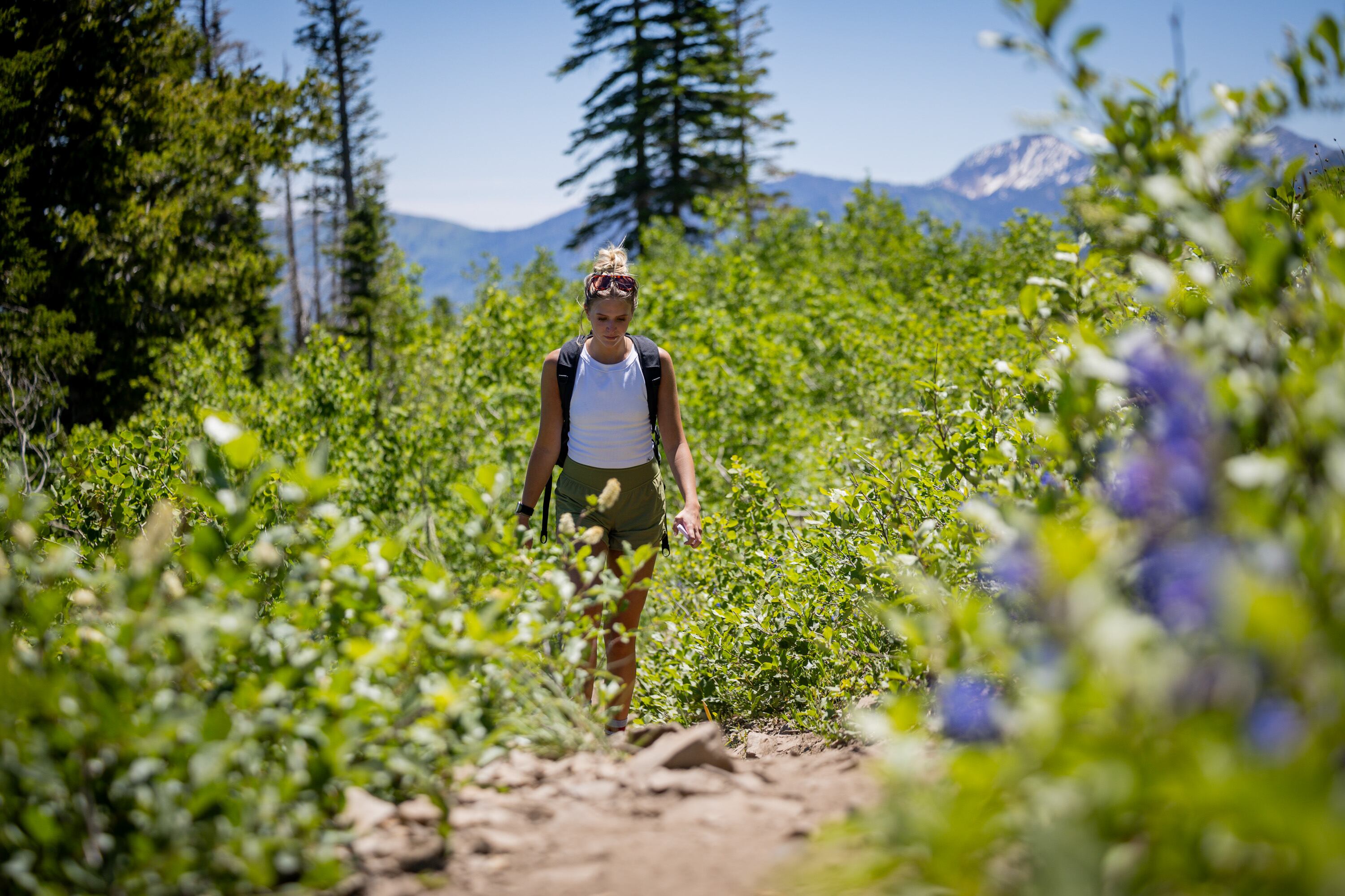 Faith Worthy, from Holladay, hikes to Primrose Overlook in the Mount Timpanogos Wilderness in Provo on June 12. Primrose Overlook is one of the hikes on the 2026 Timpanogos Hiking Challenge.