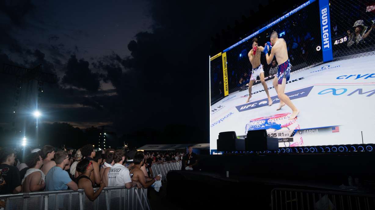 Attendees watch the first match at the UFC Fan Fest on the White House Ellipse ahead of the fights on the South Lawn, Sunday, June 14, 2026, in Washington.