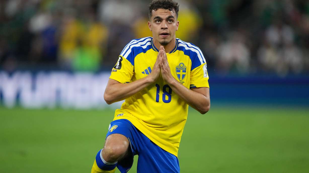 Sweden's Yasin Ayari (18) celebrates after scoring his side's opening goal during the World Cup Group F soccer match between Sweden and Tunisia in Guadalupe, near Monterrey, Mexico, Sunday, June 14, 2026.