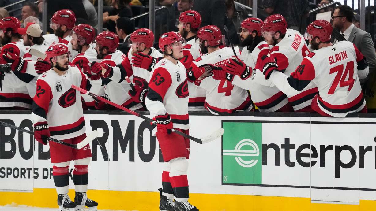 Carolina Hurricanes right wing Jackson Blake (53) celebrates his goal with teammates during the second period in Game 6 of the NHL hockey Stanley Cup Final series against the Vegas Golden Knights, Sunday, June 14, 2026, in Las Vegas.