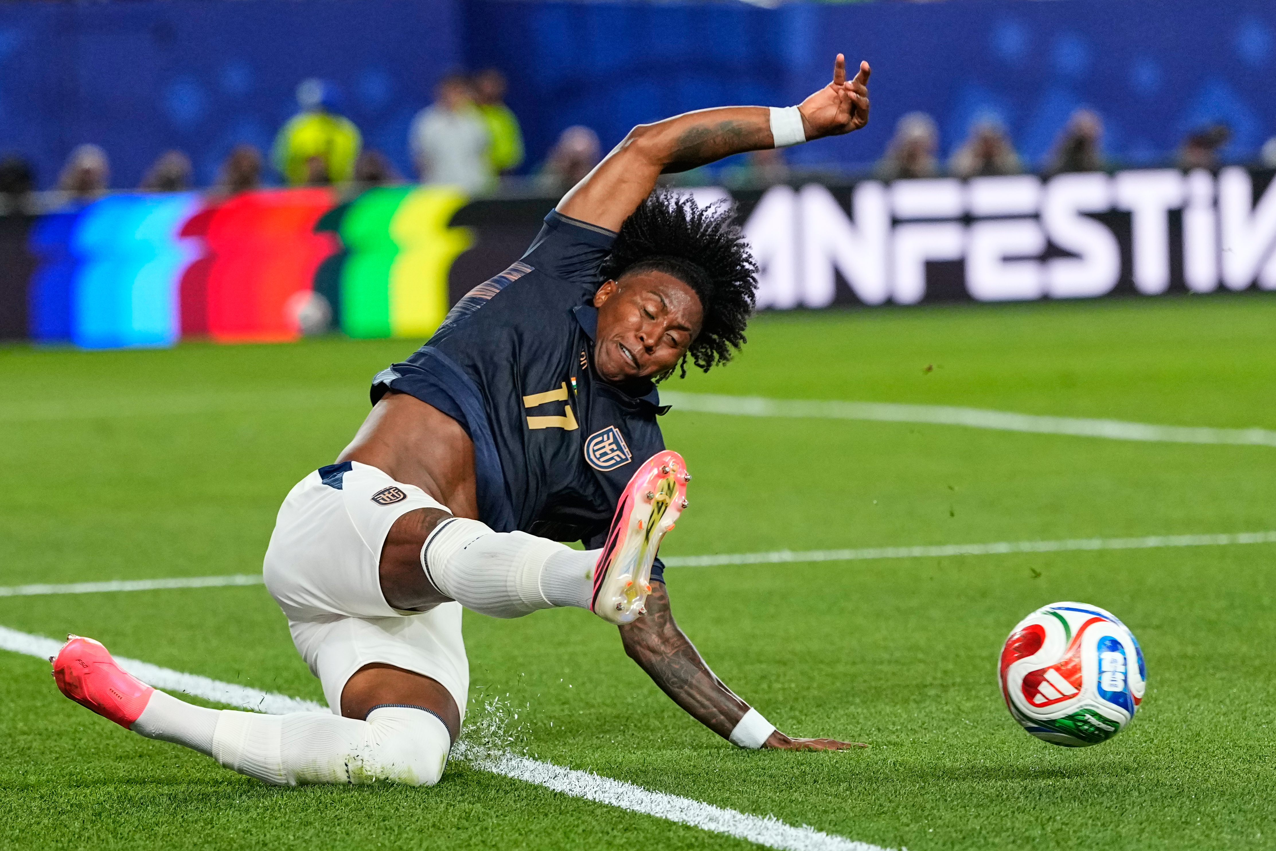 Ecuador's Angelo Preciado (17) clears the ball during the World Cup Group E soccer match between Ivory Coast and Ecuador in Philadelphia, Sunday, June 14, 2026.