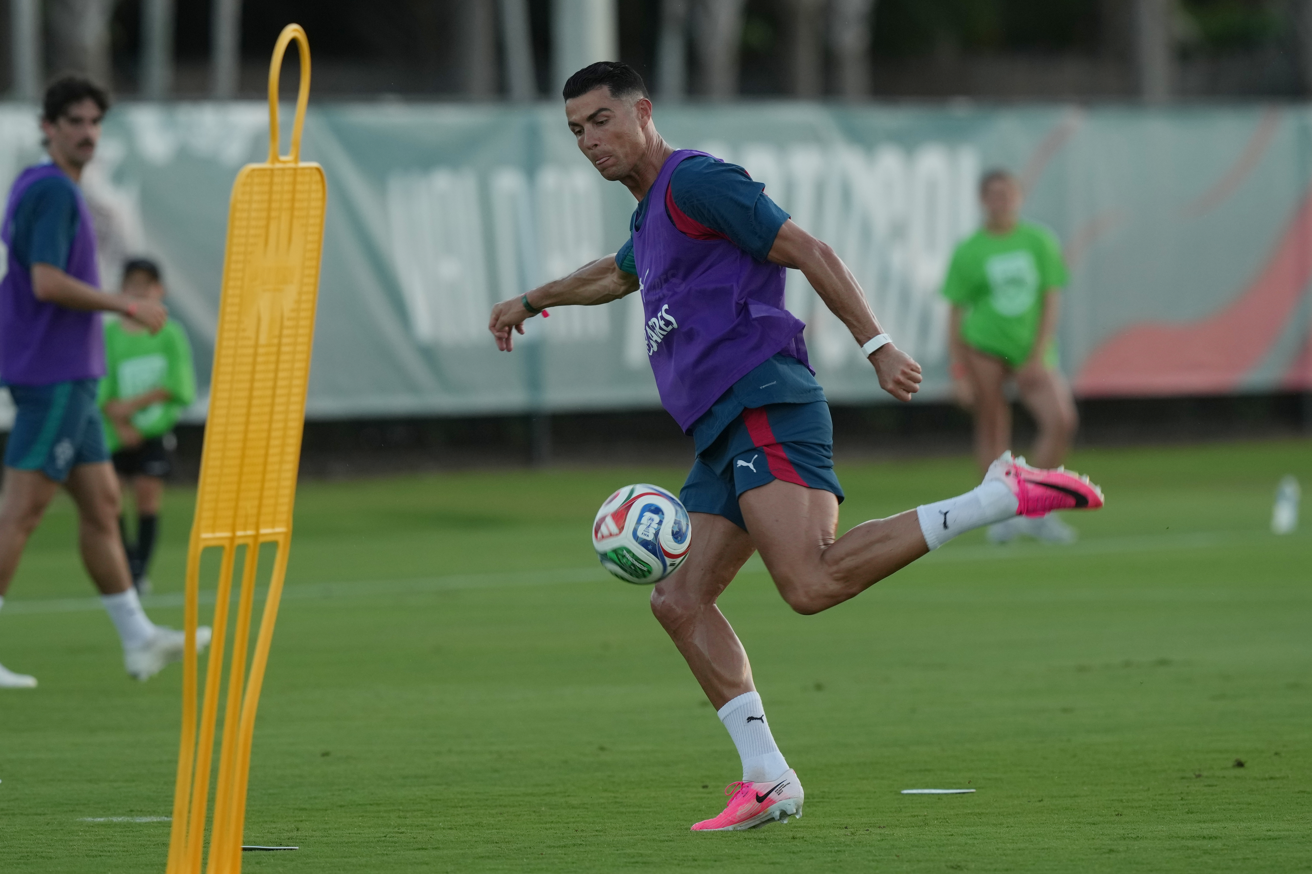Portugal's Cristiano Ronaldo runs drills during the men's national soccer team training session ahead of their FIFA World Cup soccer tournament Saturday, June 13, 2026, in Palm Beach Gardens, Fla.