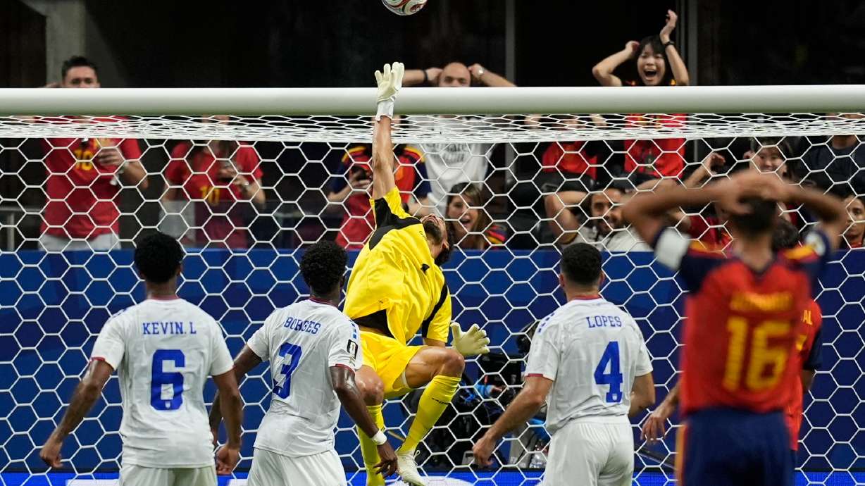 Cape Verde goalkeeper Vozinha (1) makes a save during the World Cup Group H soccer match between Spain and Cape Verde in Atlanta, Monday, June 15, 2026.