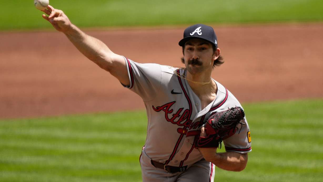 Atlanta Braves pitcher Spencer Strider throws during the first inning of a baseball game against the Cincinnati Reds in Cincinnati, Sunday, May 31, 2026.