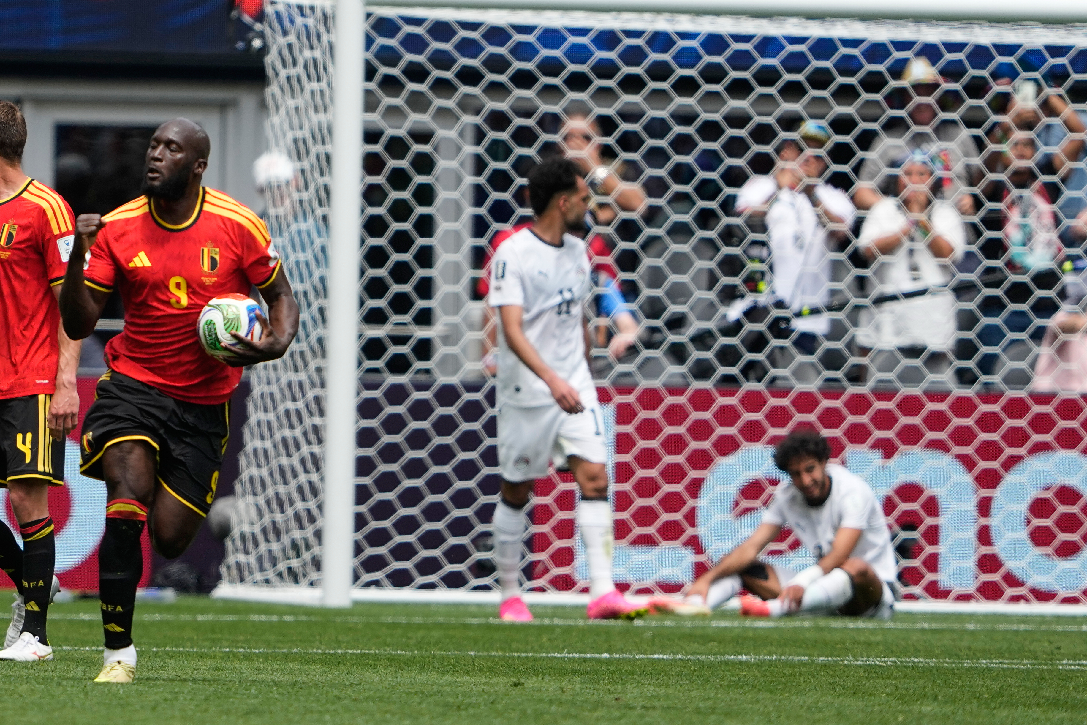 Belgium's Romelu Lukaku celebrates after forcing an own goal by Egypt's Mohamed Hany during the World Cup Group G soccer match in Seattle, Monday, June 15, 2026.