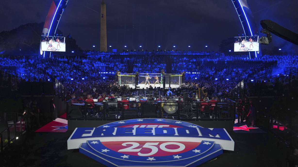 Featherweight fighters Diego Lopez and Steve Garcia in the ring during the first fight at UFC Freedom 250 on the South Lawn of the White House, Sunday, June 14, 2026, in Washington.