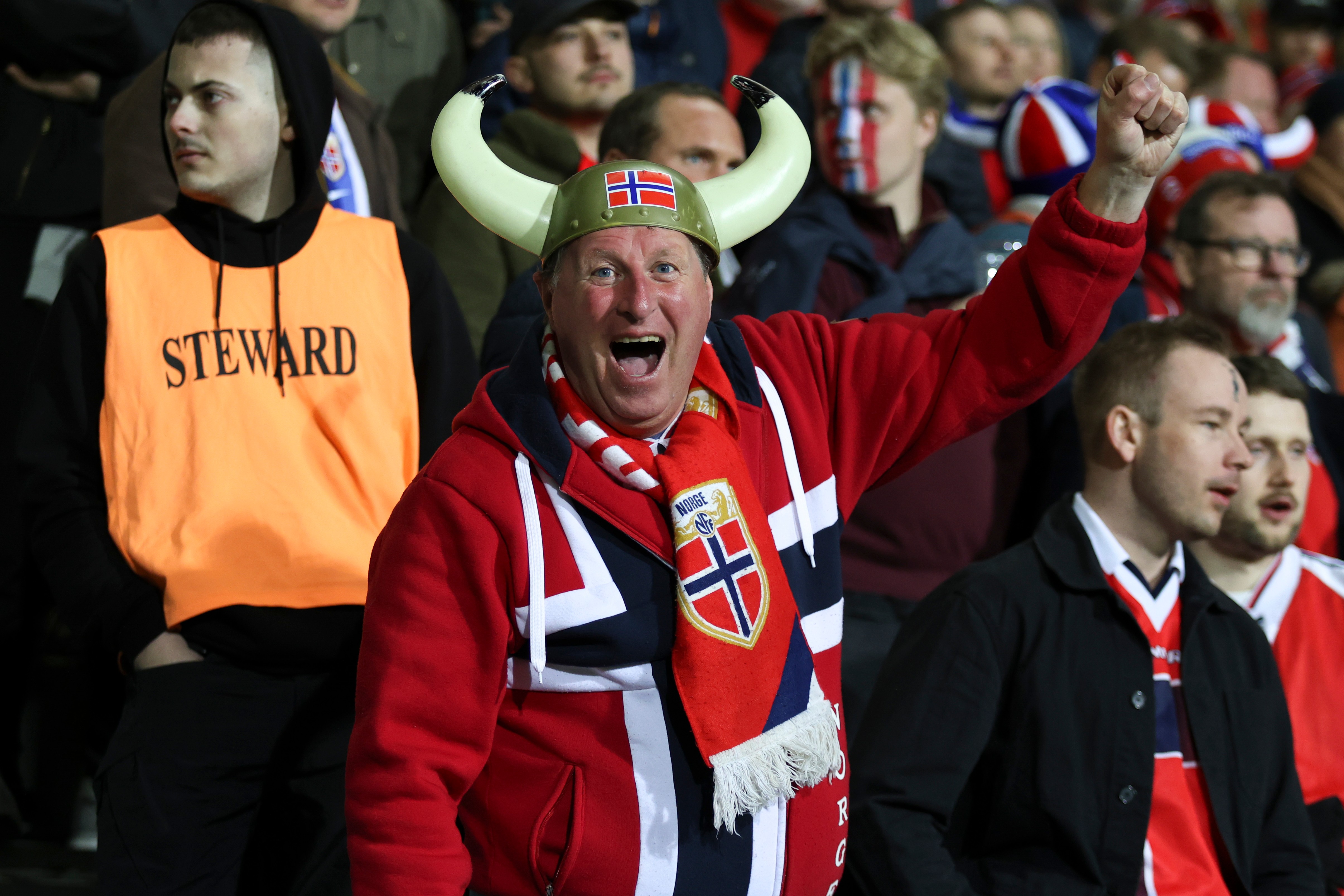FILE - A Norway fan cheers during a Group I, World Cup qualifier soccer match between Moldova and Norway at the Zimbru stadium in Chisinau, Moldova, Saturday, March 22, 2025.