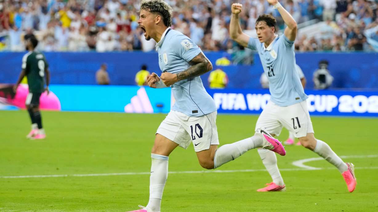 Uruguay's Maxi Araujo celebrates scoring his side's opening goal against Saudi Arabia during a World Cup Group H soccer match in Miami Gardens, Fla., Monday, June 15, 2026.