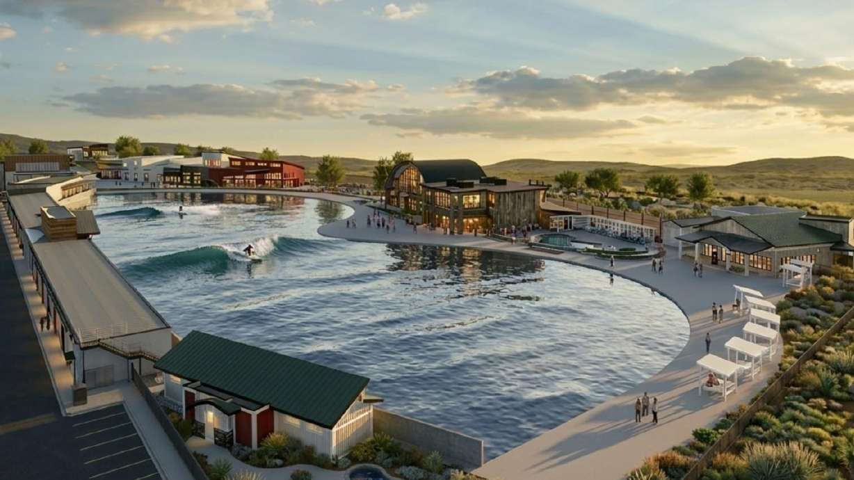 The rendering of a proposed 8.8-acre surf park to be built as part of an emerging new development west of I-15 off Bangerter Highway in Draper. City Council members approved an amended master plan for the project on June 9.