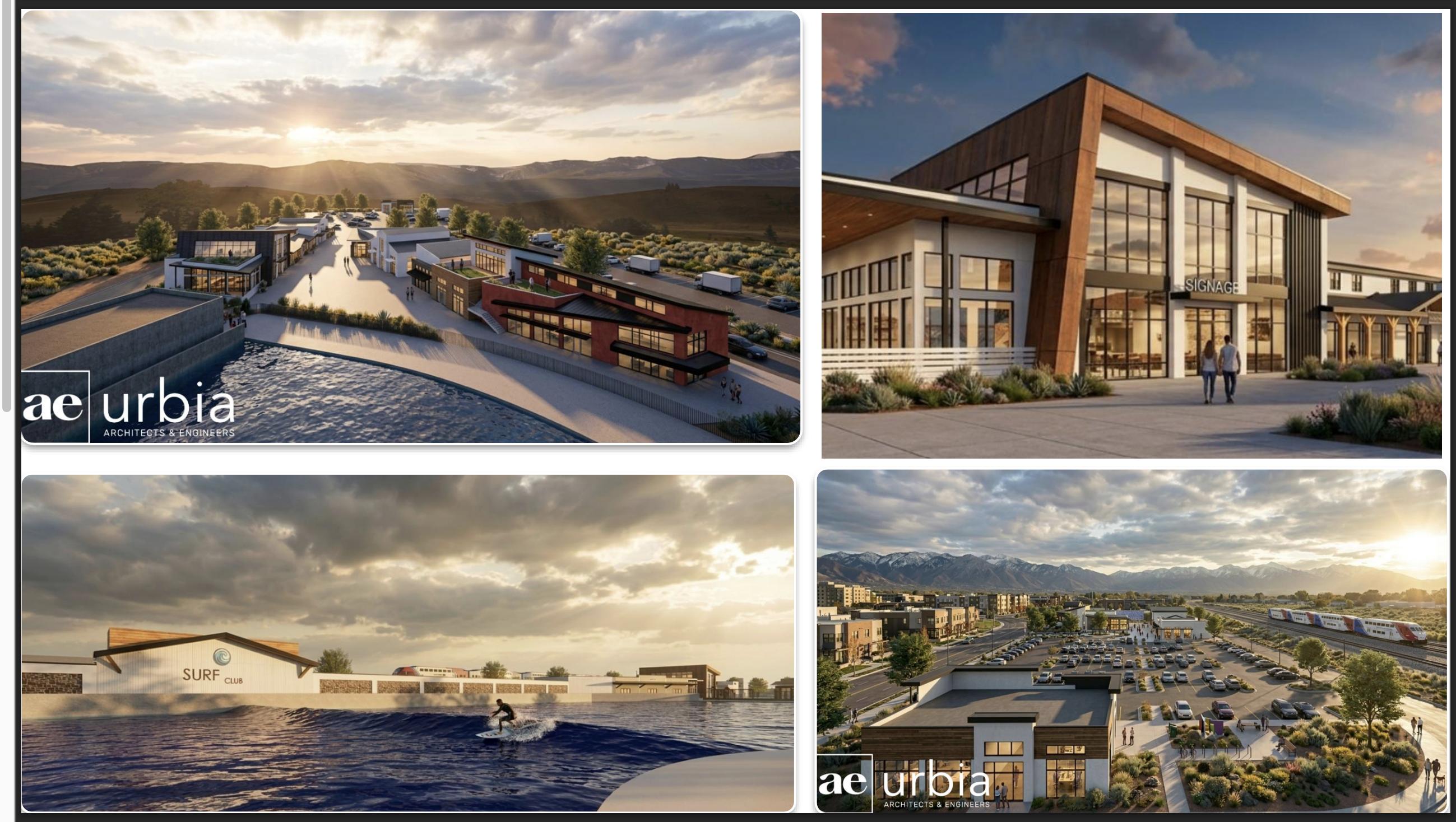 Renderings for the proposed Veranda West project in Draper, slated to include housing, retail, dining and a surf park.