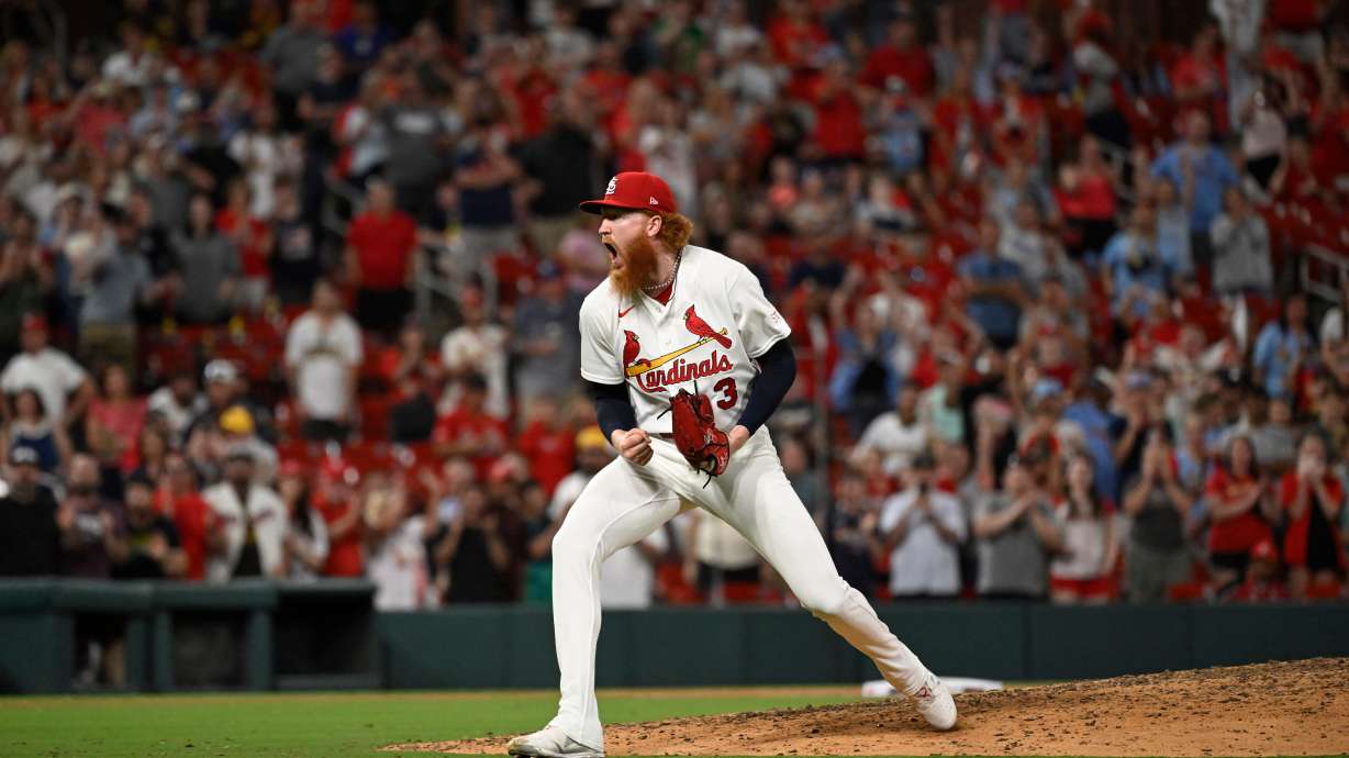 St. Louis Cardinals starting pitcher Dustin May celebrates after the team defeated the San Diego Padres in a baseball game, Monday, June 15, 2026, in St. Louis.