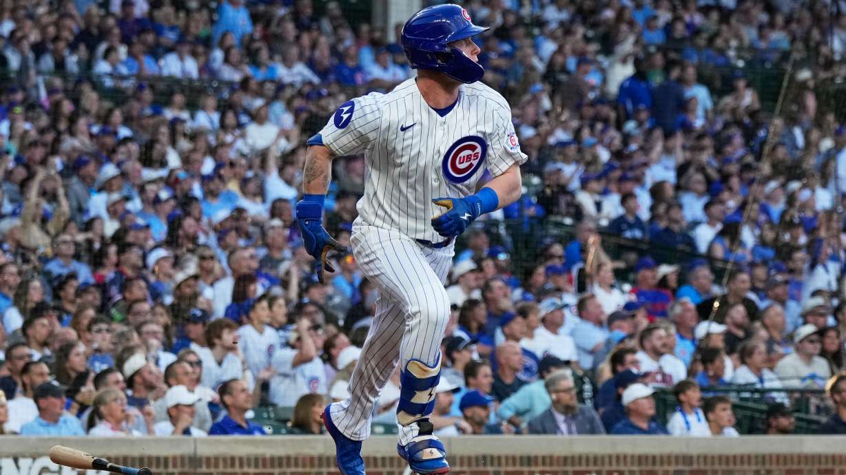Chicago Cubs' Pete Crow-Armstrong watches his solo home run during the first inning of a baseball game against the Colorado Rockies in Chicago, Monday, June 15, 2026.
