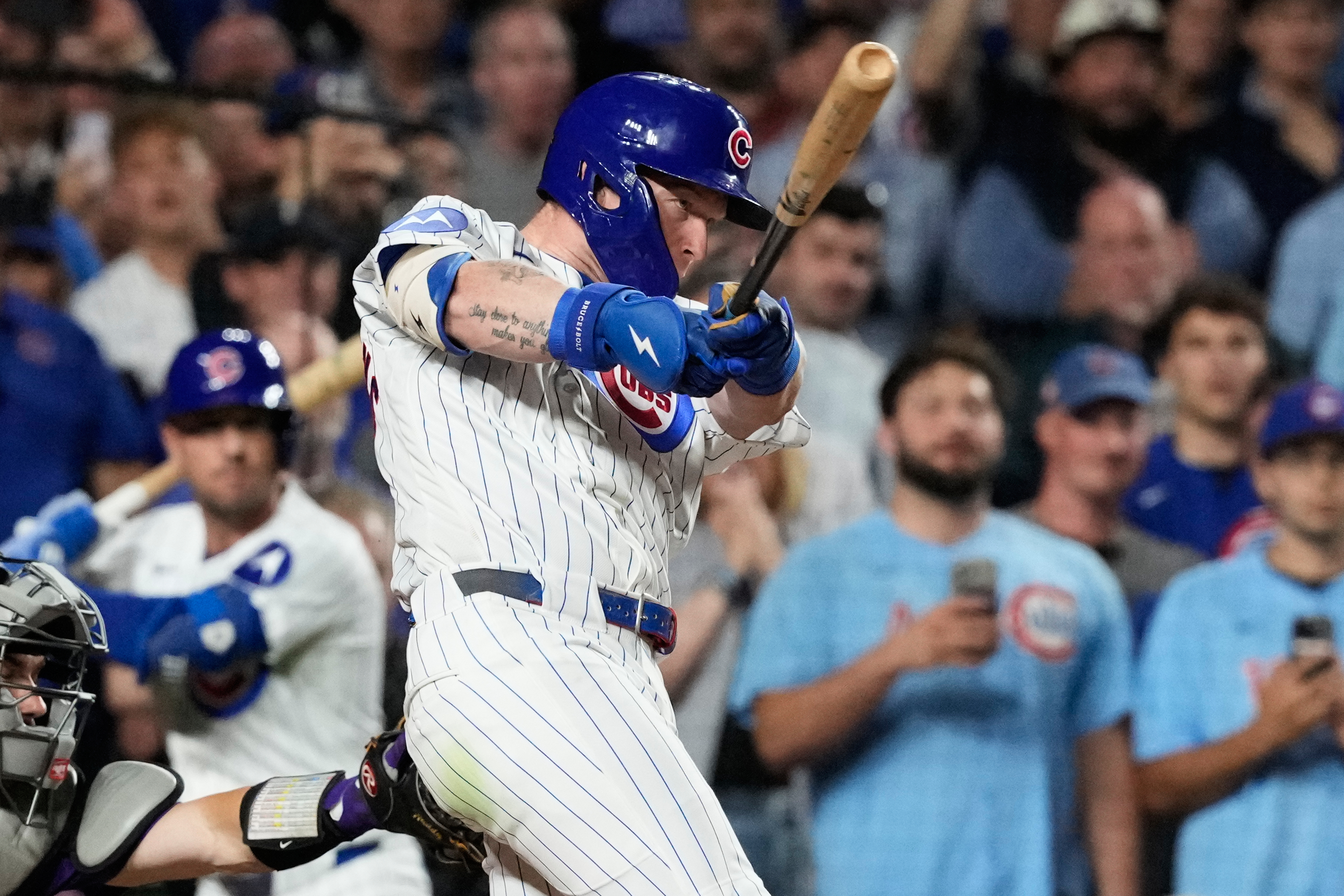 Chicago Cubs' Pete Crow-Armstrong hits a single to complete the cycle during the seventh inning of a baseball game against the Colorado Rockies in Chicago, Monday, June 15, 2026.