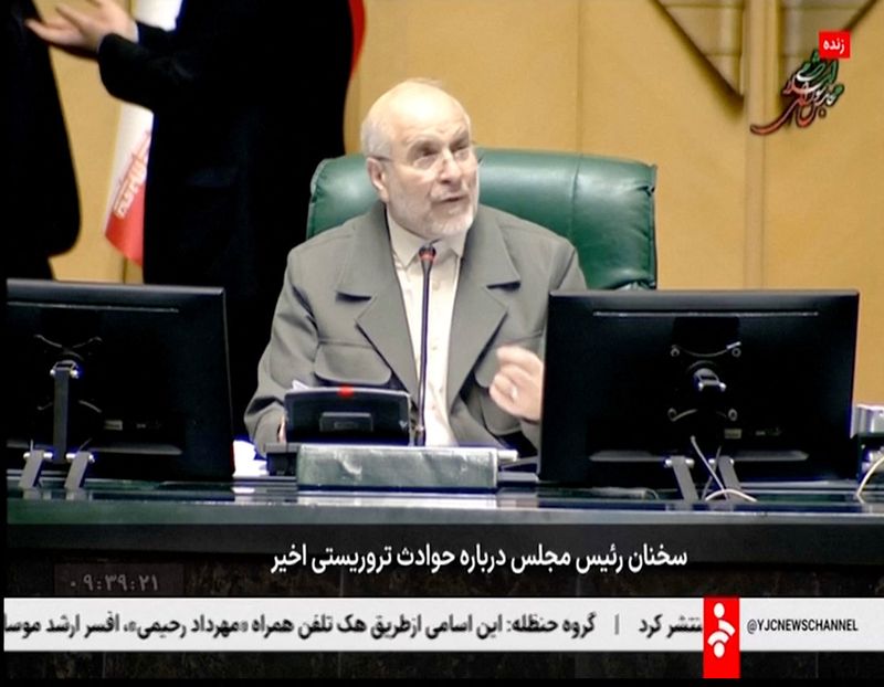 Iran's Parliament Speaker, Mohammad Baqer Qalibaf speaks about Iran's response to possible U.S. attacks, in Tehran, Jan. 11, in this screengrab obtained from a video. Qalibaf said on Wednesday that Iran was in an "essential and existential war" with the U.S.