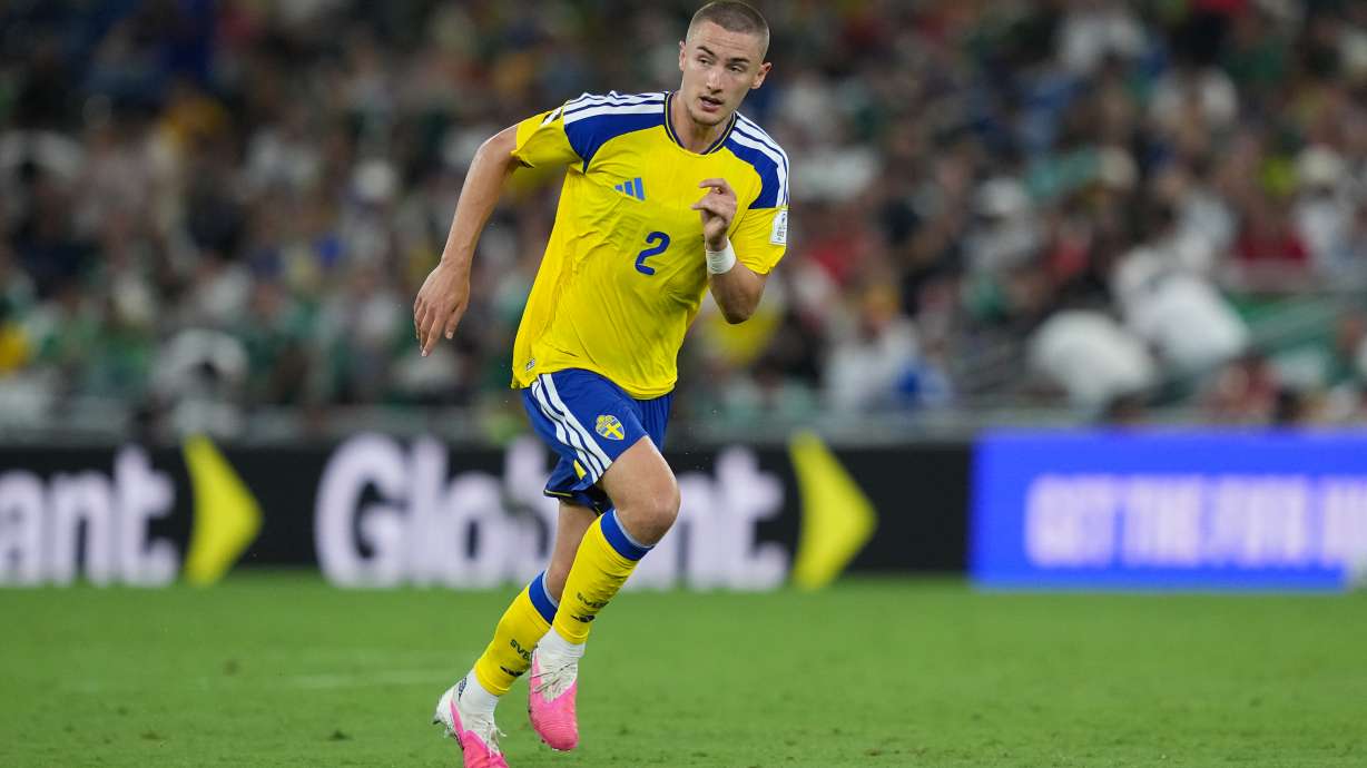 Sweden's Gustaf Lagerbielke (2) runs during the World Cup Group F soccer match between Sweden and Tunisia in Guadalupe, near Monterrey, Mexico, Sunday, June 14, 2026.