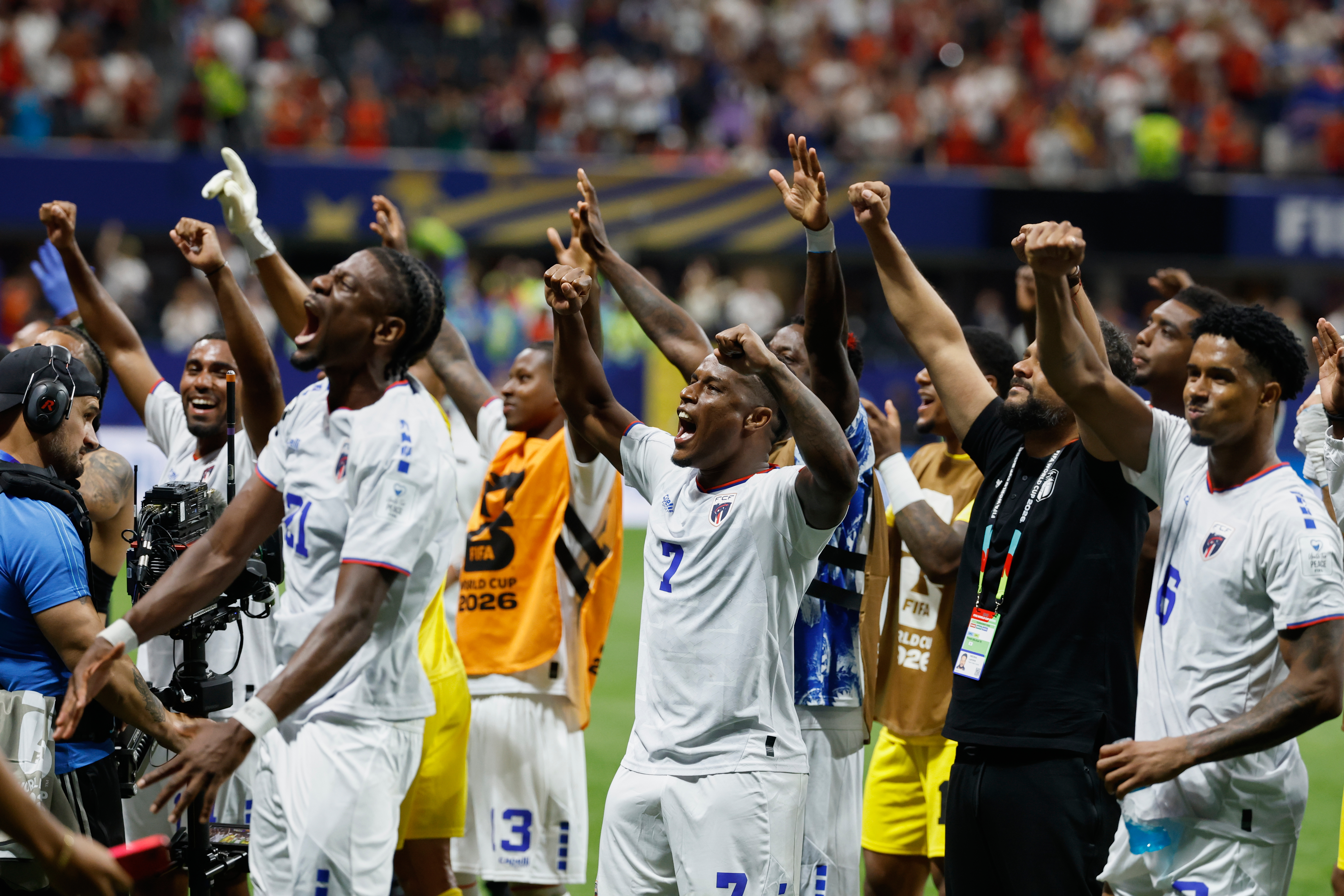 Cape Verde players celebrate after the World Cup Group H soccer match between Spain and Cape Verde in Atlanta, Monday, June 15, 2026.