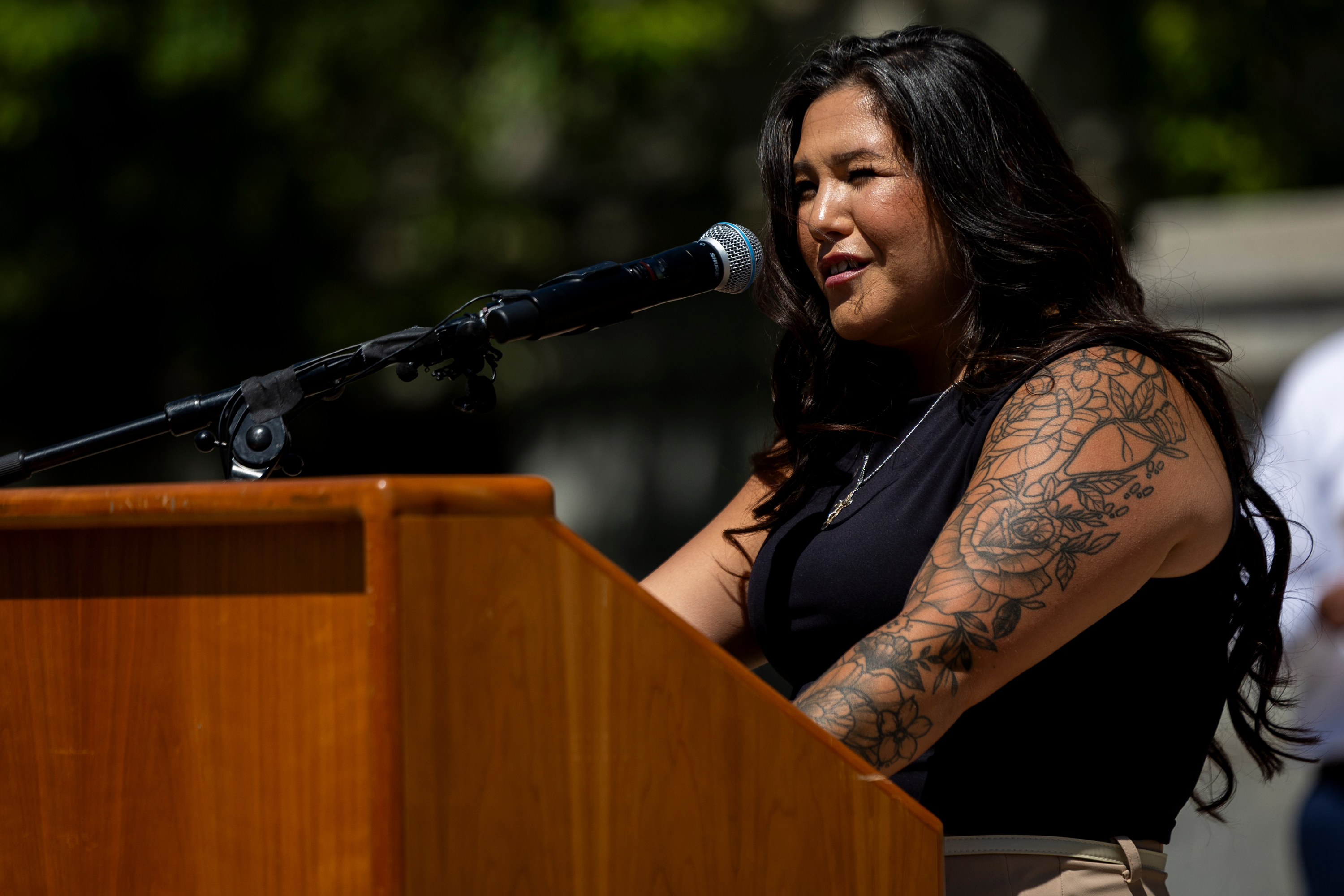 Aleah Corona, the mother of a boy injured at the Provo Canyon School, speaks during a press conference about recent allegations of abuse at the Provo Canyon School outside of the Provo Historic Courthouse in Provo on Monday, June 15, 2026.