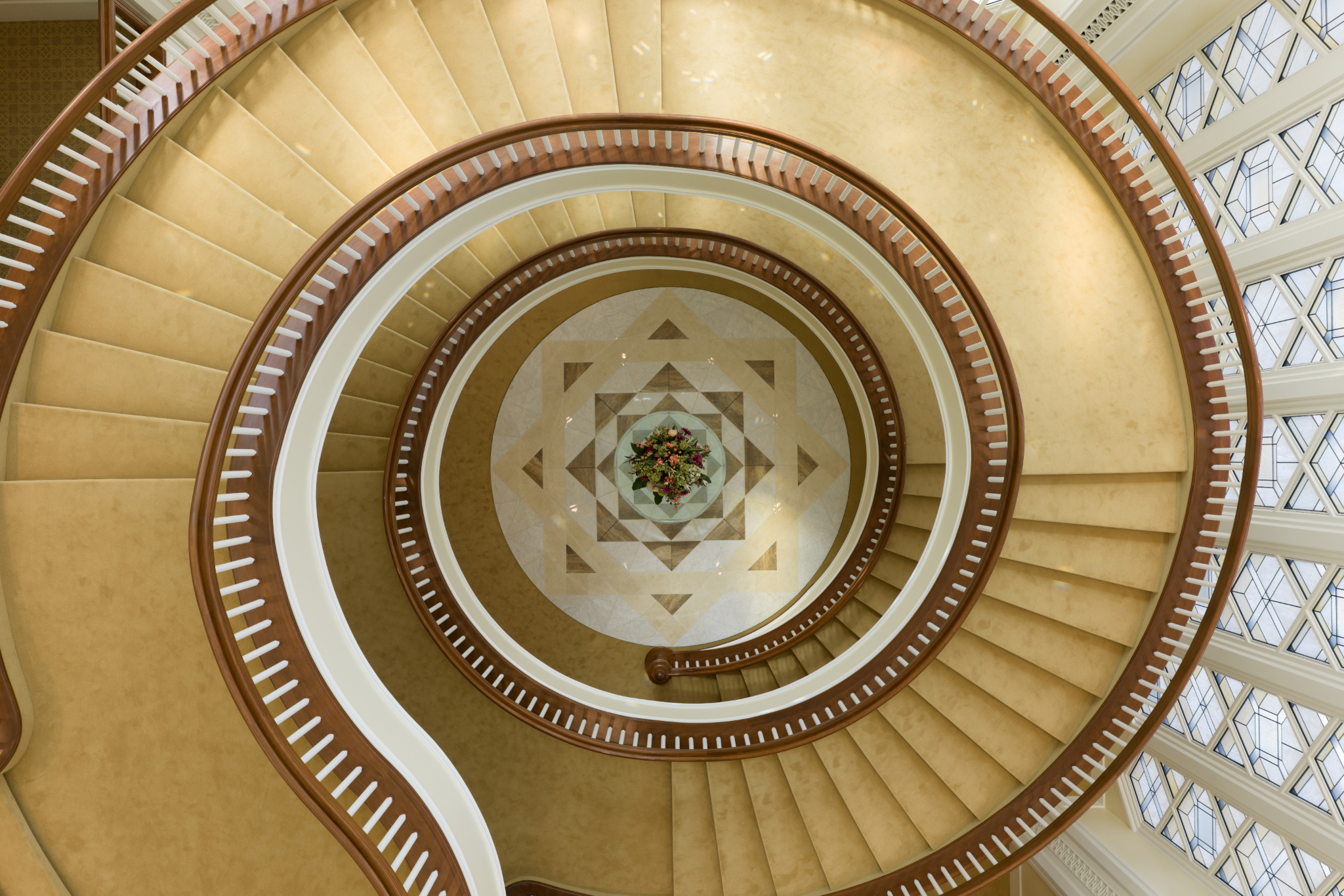 A spiral staircase inside the celestial room of the San Diego California Temple of The Church of Jesus Christ of Latter-day Saints.