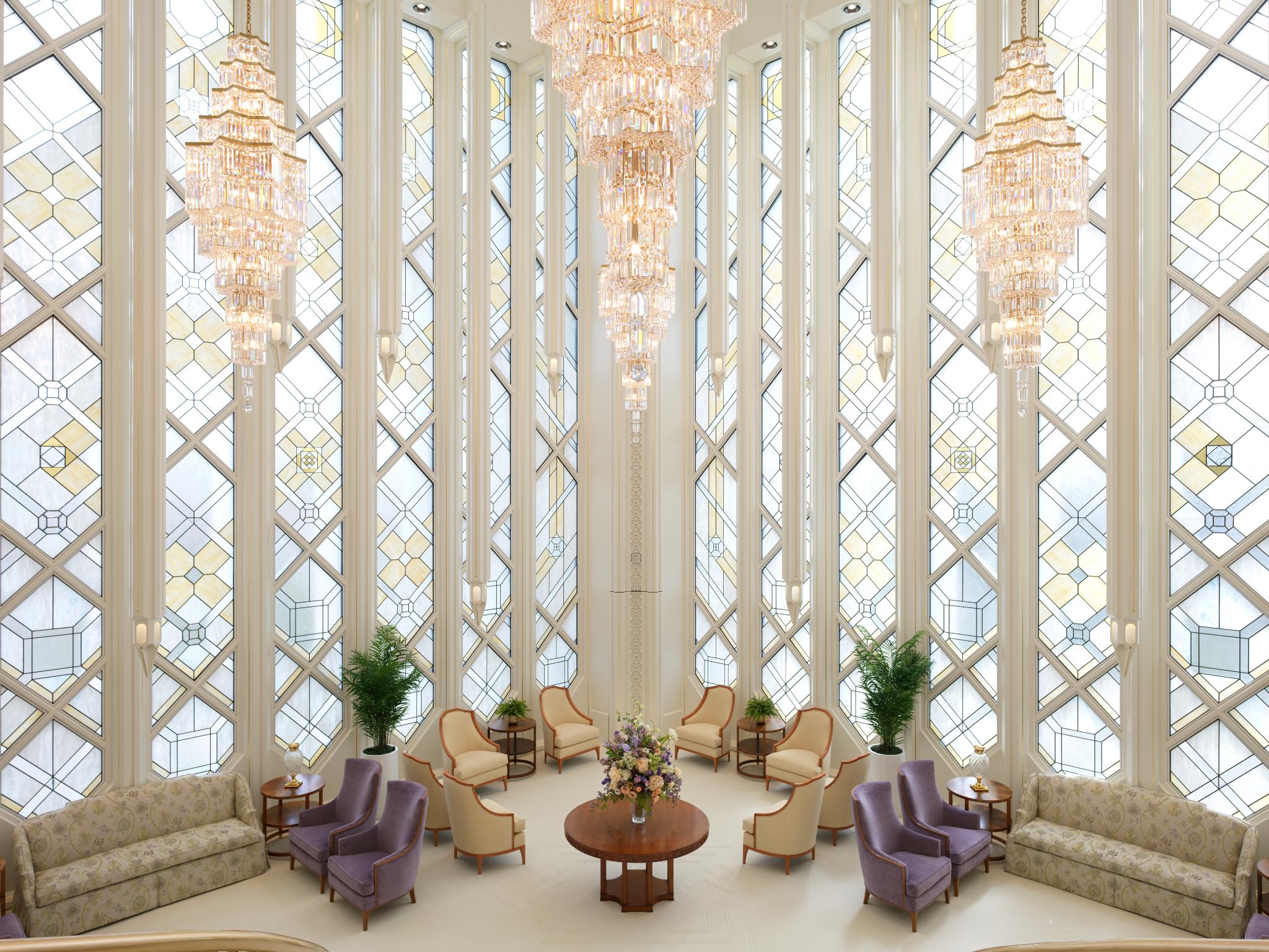 The celestial room of the San Diego California Temple of The Church of Jesus Christ of Latter-day Saints. A media day marked the beginning of the temple's public open house on Monday.