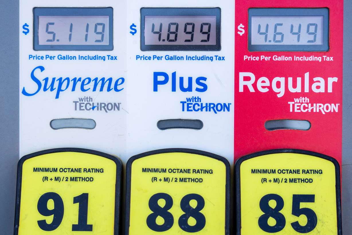 Prices are displayed on a gas pump at the Foothills Chevron in Salt Lake City on Monday. Experts warn a steep drop in gas prices will take time, despite the U.S. and Iran signing a deal to end the war in the Middle East.