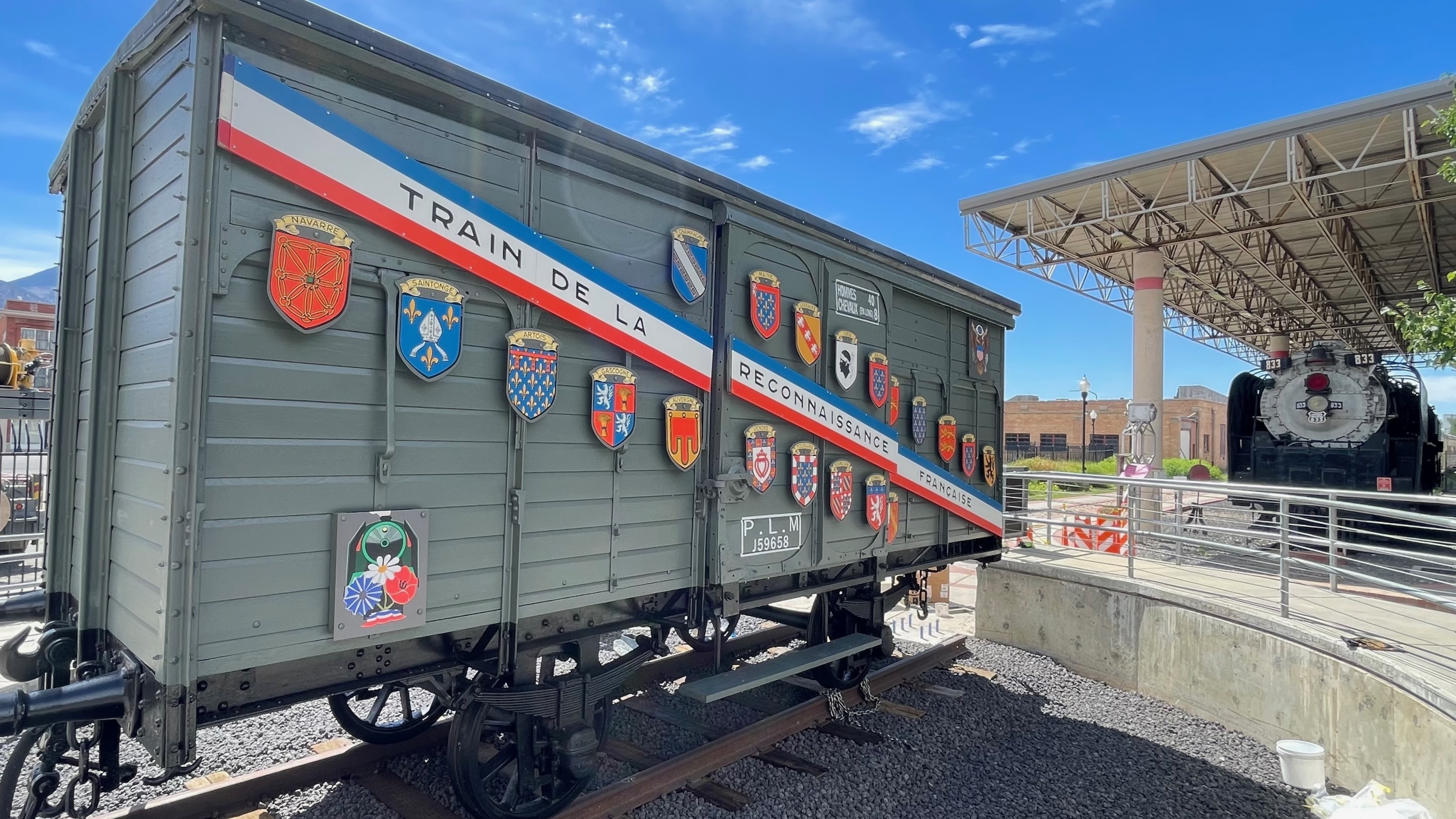 The historic Merci Boxcar, a gift from France, has been restored and returned to its spot at Union Station in Ogden. It's pictured after its placement on Tuesday.