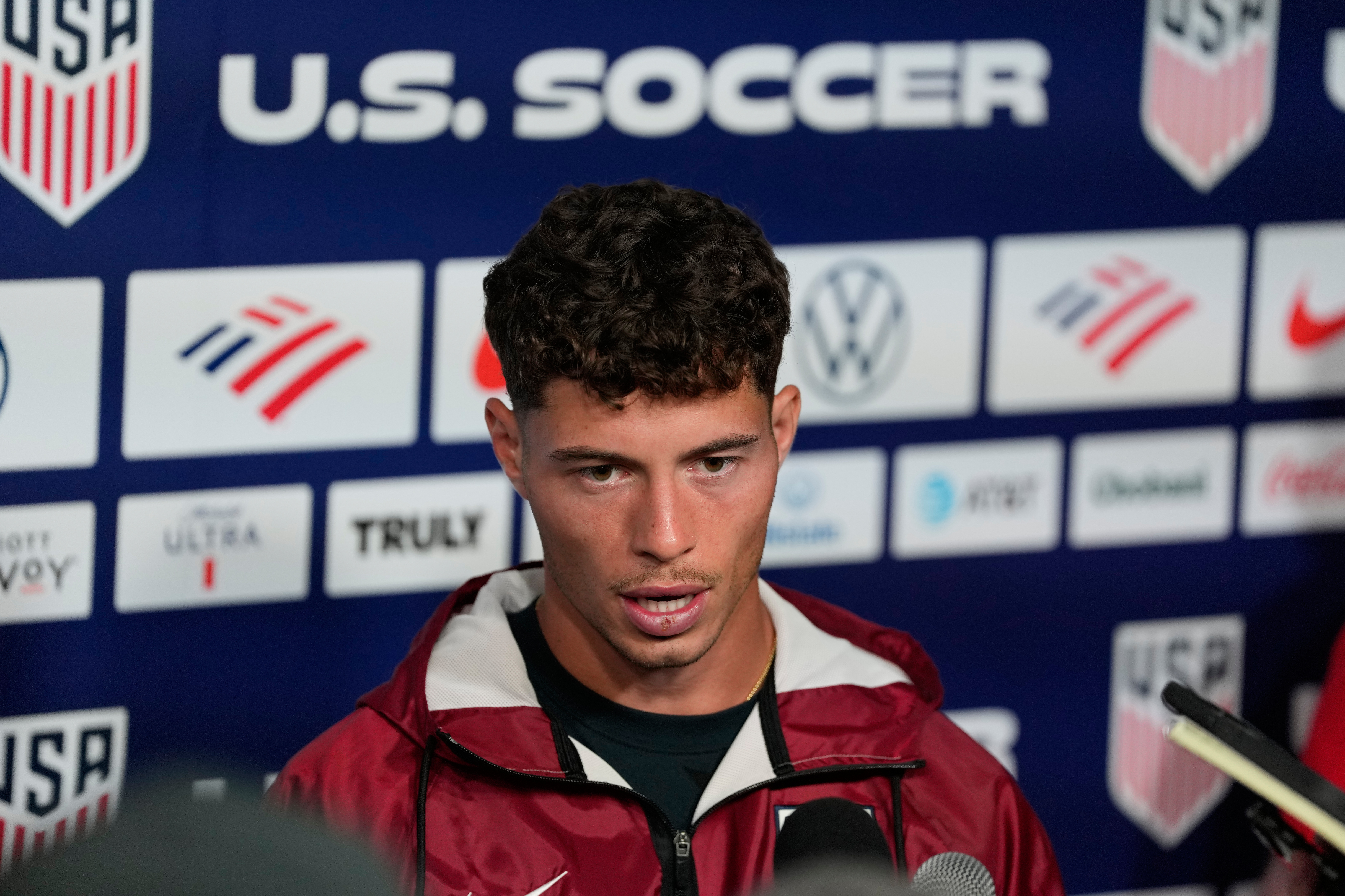 United States' Sebastian Berhalter speaks with the media before a training session ahead of the FIFA World Cup match against Australia in Irvine, Calif., Tuesday, June 16, 2026.