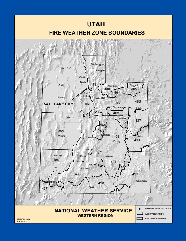 A map showing the fire weather zones throughout Utah.