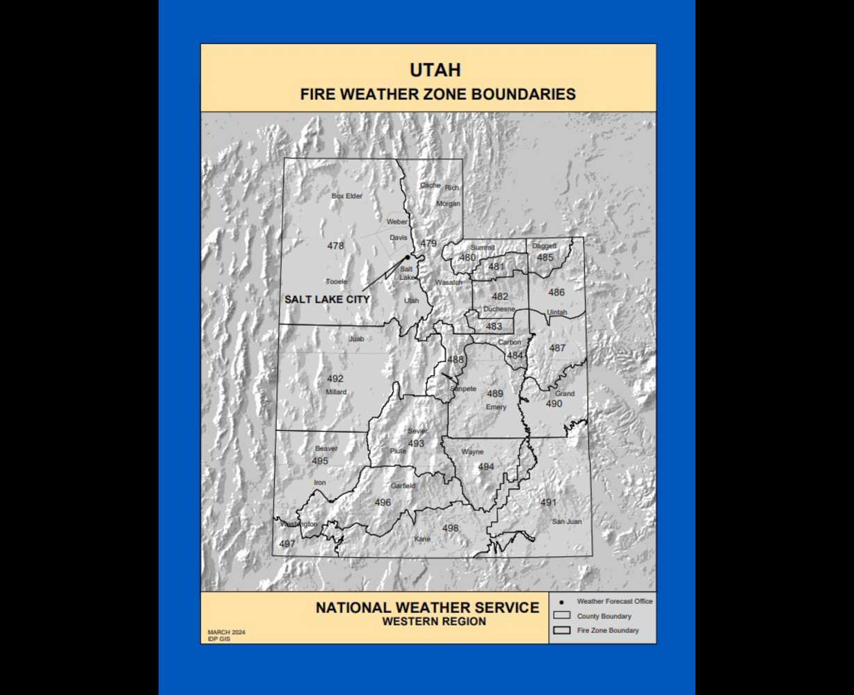 A map showing the fire weather zones throughout Utah.