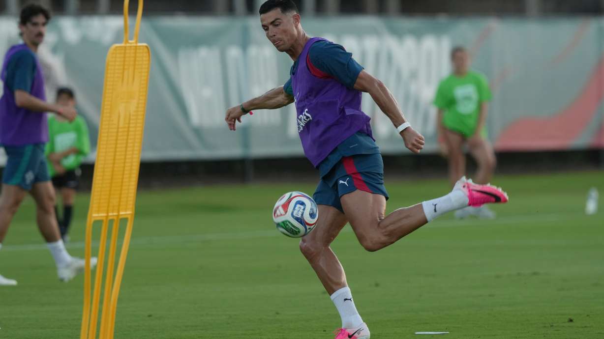 Portugal's Cristiano Ronaldo runs drills during the men's national soccer team training session ahead of their FIFA World Cup soccer tournament Saturday, June 13, 2026, in Palm Beach Gardens, Fla.
