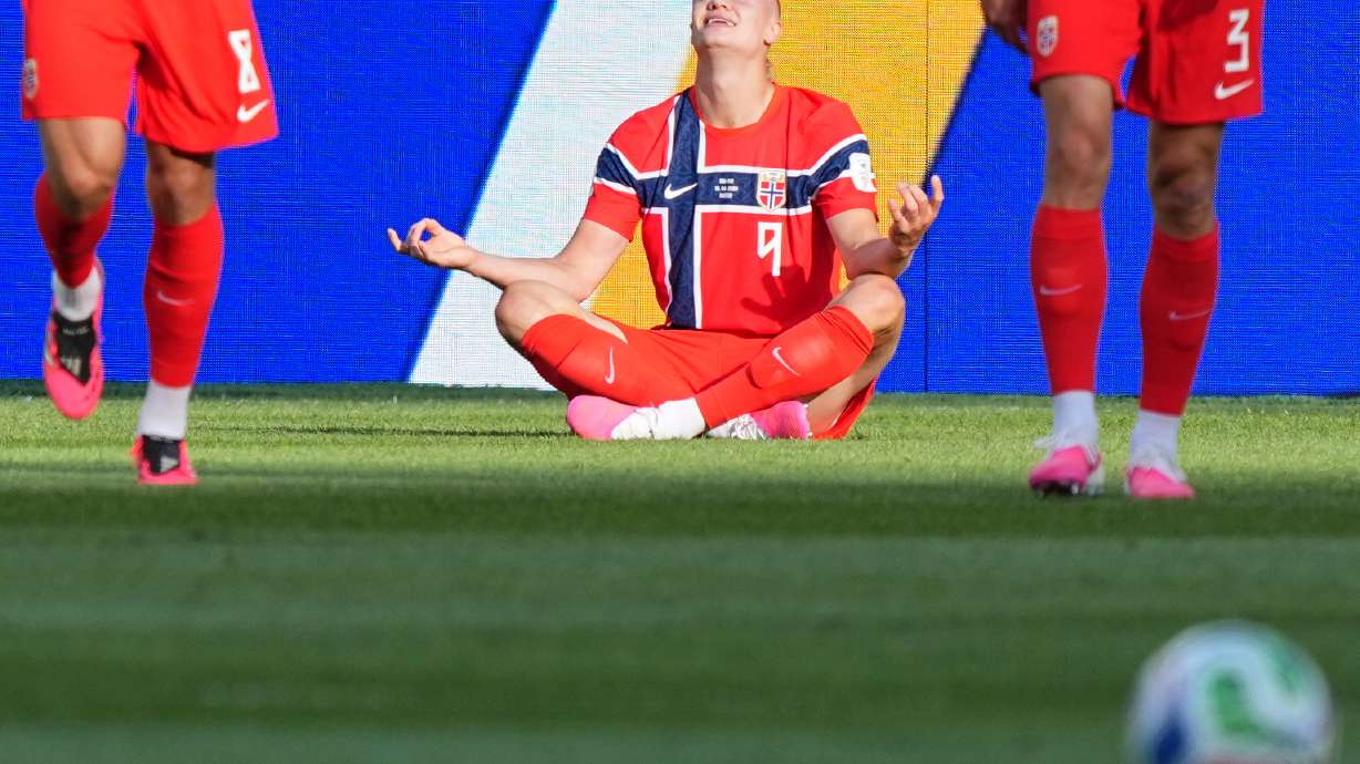 Norway's Erling Haaland celebrates scoring his side's opening goal during the World Cup Group I soccer match between Iraq and Norway in Foxborough, Mass., near Boston, Tuesday, June 16, 2026.