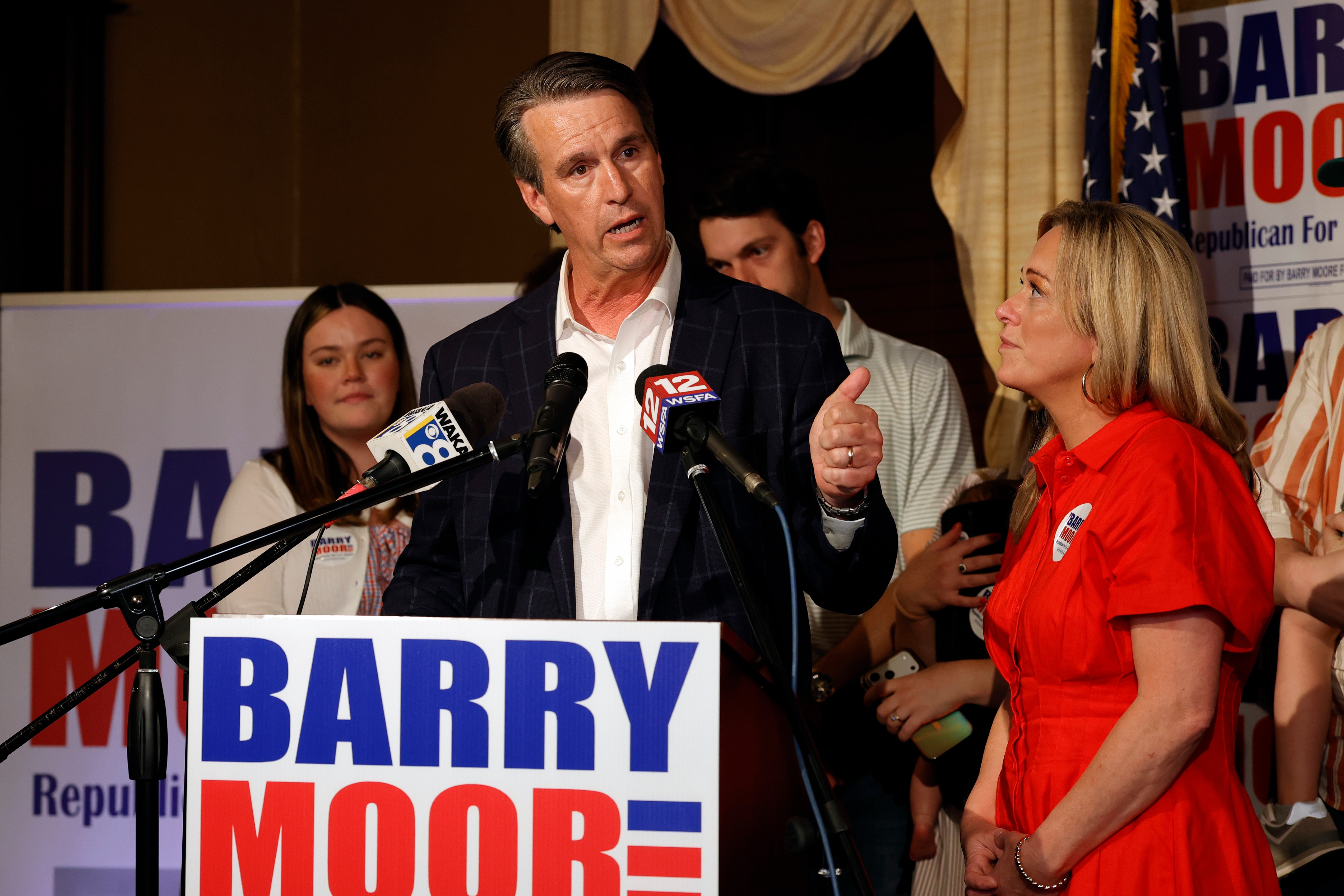 Republican candidate for U.S. Senate Barry Moore speaks to supporters at his election night watch party at the Rawls Hotel, Tuesday, in Enterprise, Ala. Moore, who easily won the primary, is heavily favored to win election to the Senate.