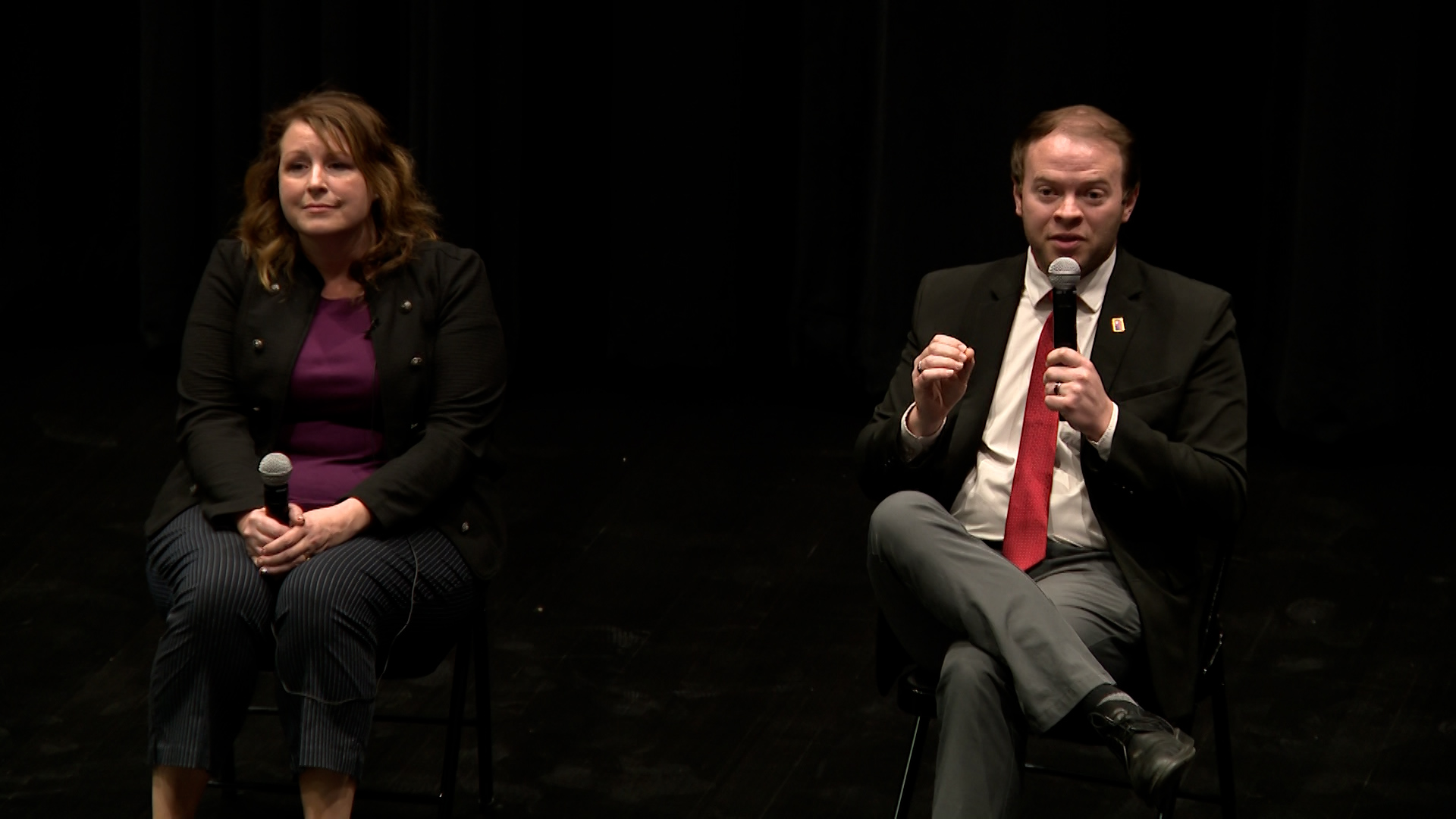 Stephanie Hollist and Braden Hess participate in a candidate forum in Sunset on Tuesday.