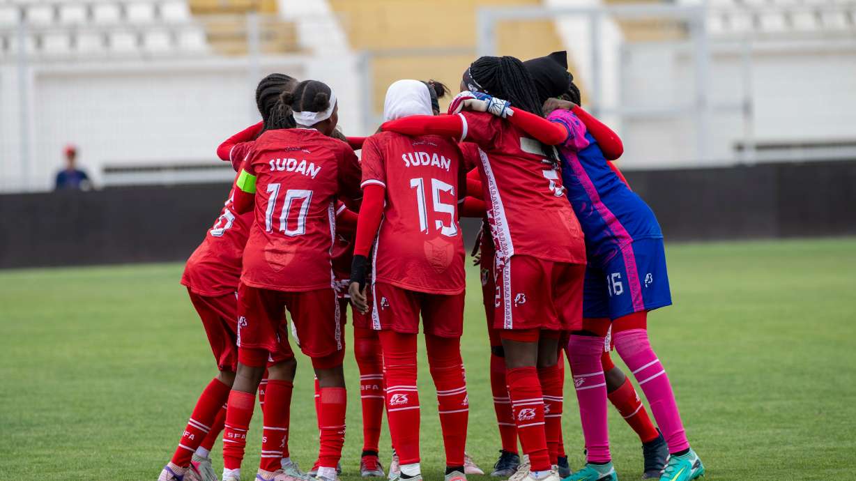 Sudan's U-17 women's national team warms up before a soccer match against Comoros, during qualifiers for the 2028 Los Angeles Summer Olympics, in Casablanca, Morocco, Monday, June 8, 2026.