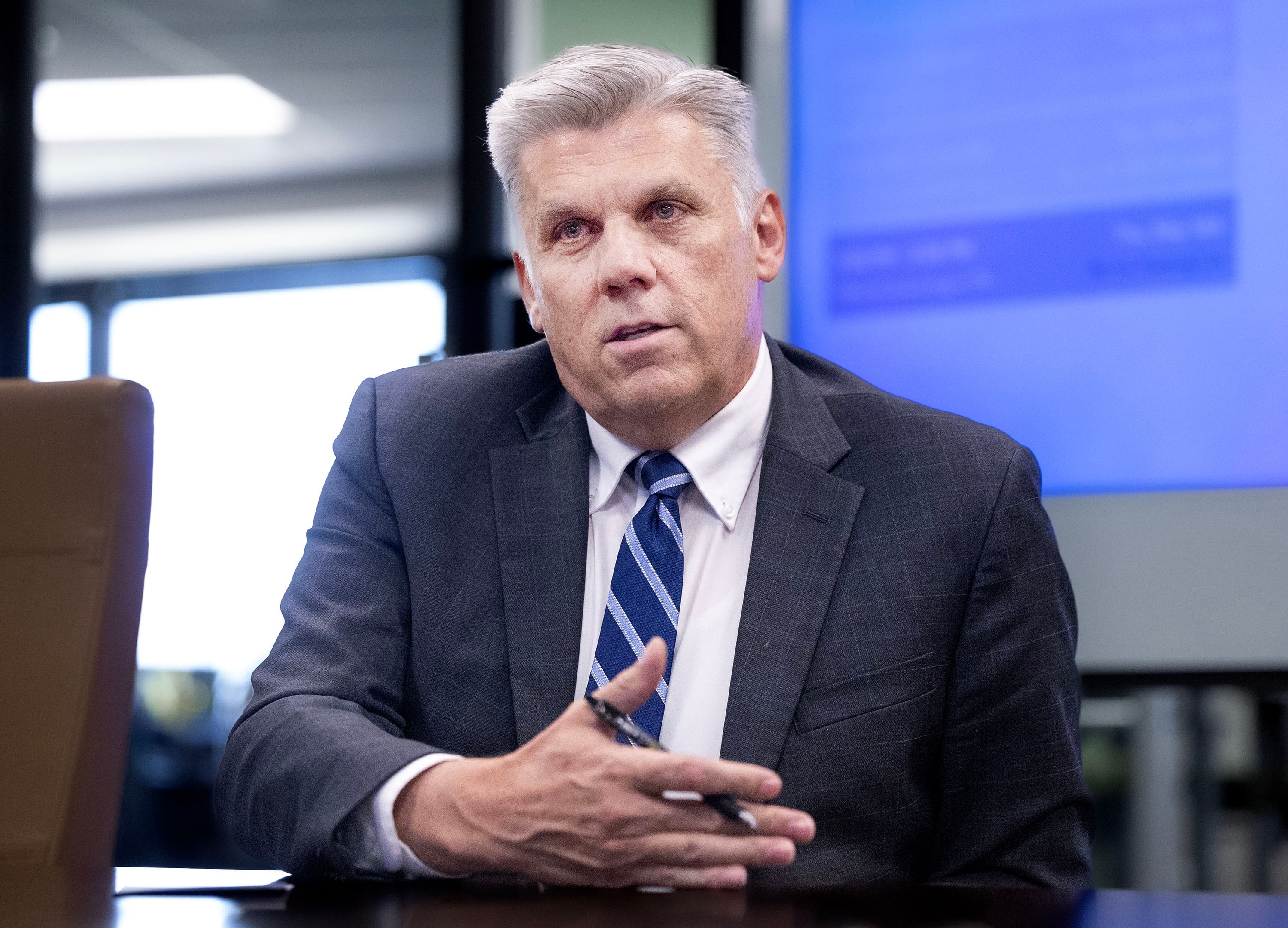 Phil Lyman speaks to the KSL and Deseret News editorial boards at the Deseret News office in Salt Lake City on May 14. Lyman, running for Utah's 3rd Congressional District, expressed skepticism over government-guided artificial intelligence.