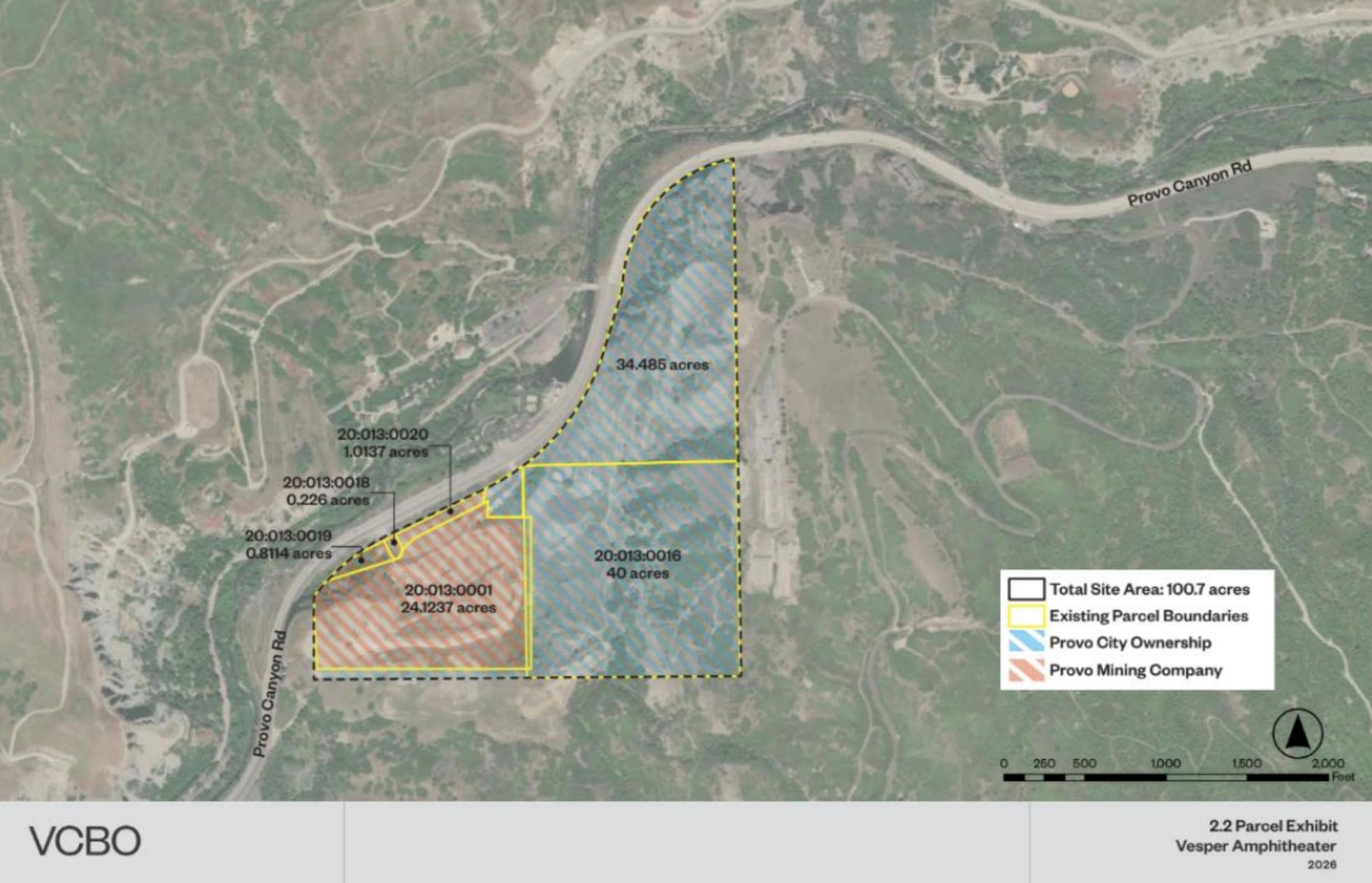 A map of the three parcels that Vesper Amphitheater hopes to develop into a music venue, hotel and retail area.