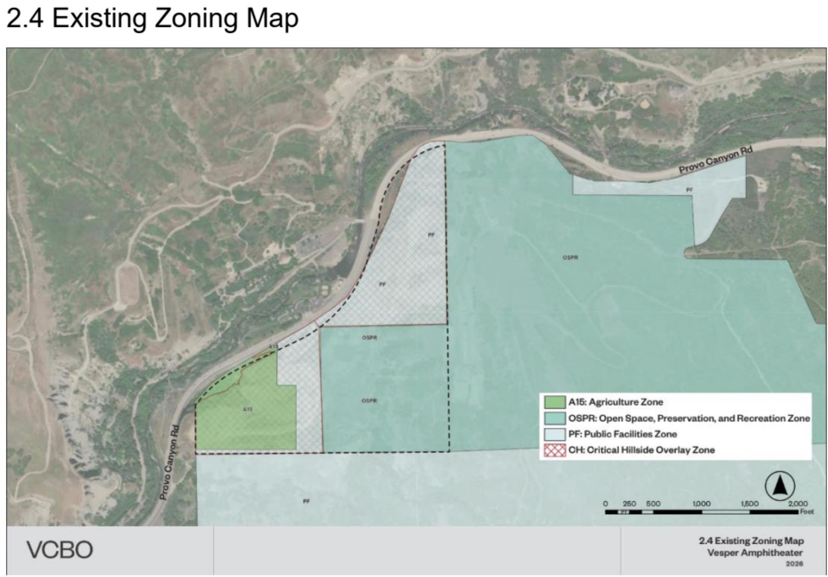 A map of the current zoning for three parcels of land that Vesper Amphitheater hopes to develop into a music venue, hotel and retail area.