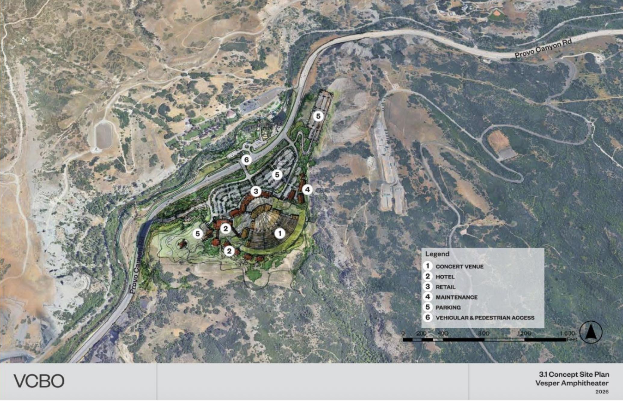 A rendering of the proposed Vesper Amphitheater project in Provo Canyon with a suggested layout of the development.