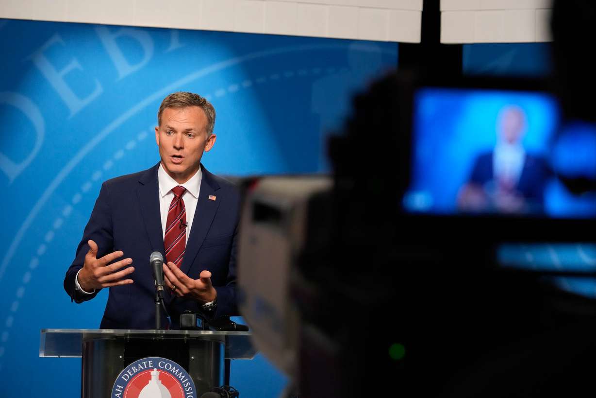 Blake Moore answers questions from the media after the GOP District 3 Primary Debate with Karianne Lisonbee at KUED studio in Salt Lake City on June 1. Moore was the only Utah representative to vote against the Sunshine Protection Act on Tuesday, citing tourism and safety concerns.