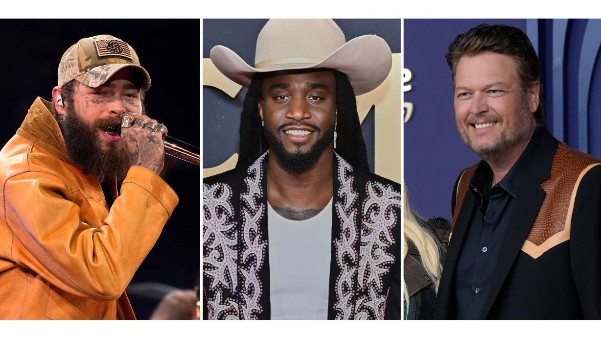 This combination of images show musicians Post Malone, from left, Shaboozey, and Blake Shelton.
