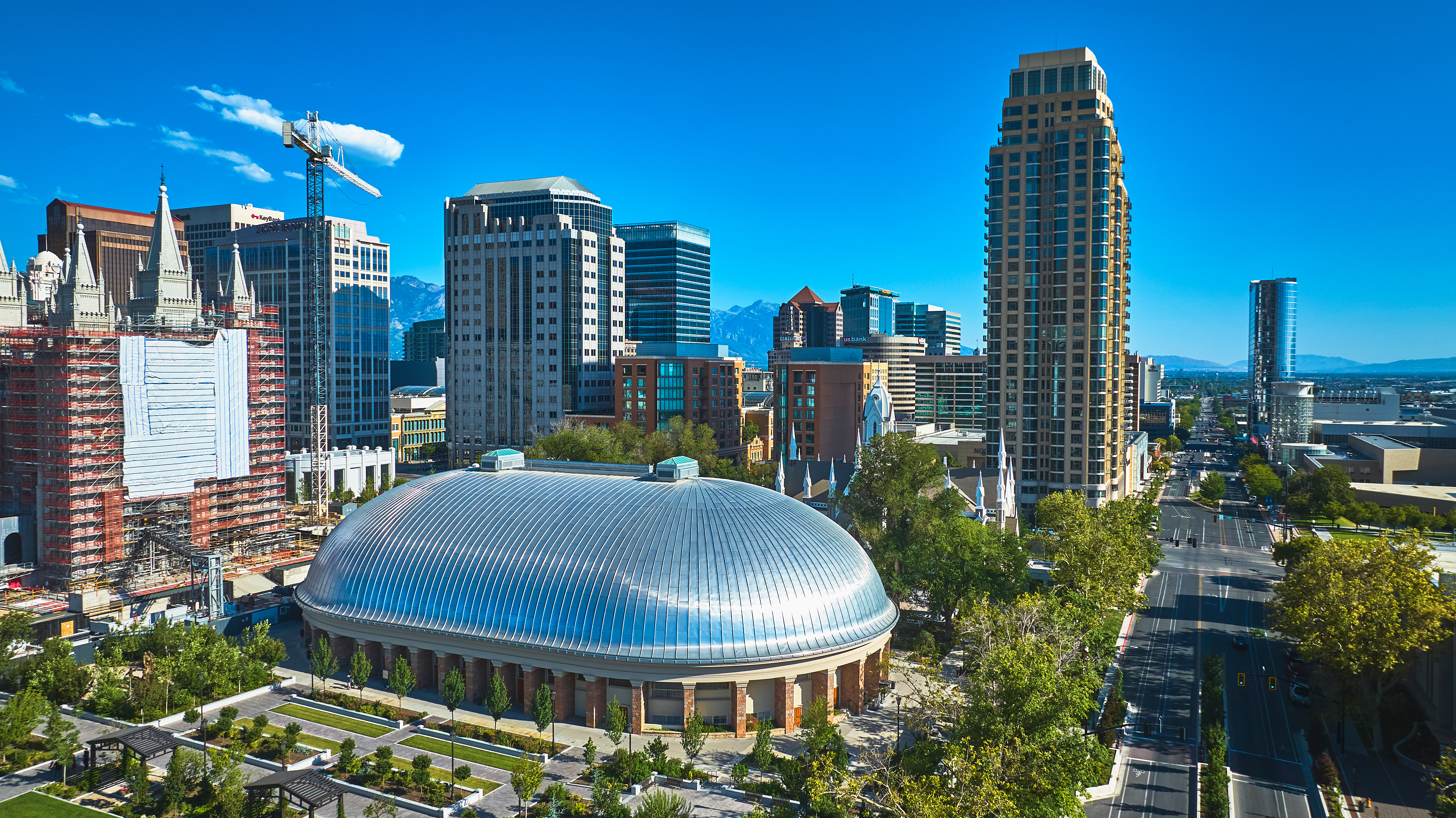Aerial view of the Salt Lake Tabernacle and it's unique dome roof, surrounded by downtown Salt Lake City.
