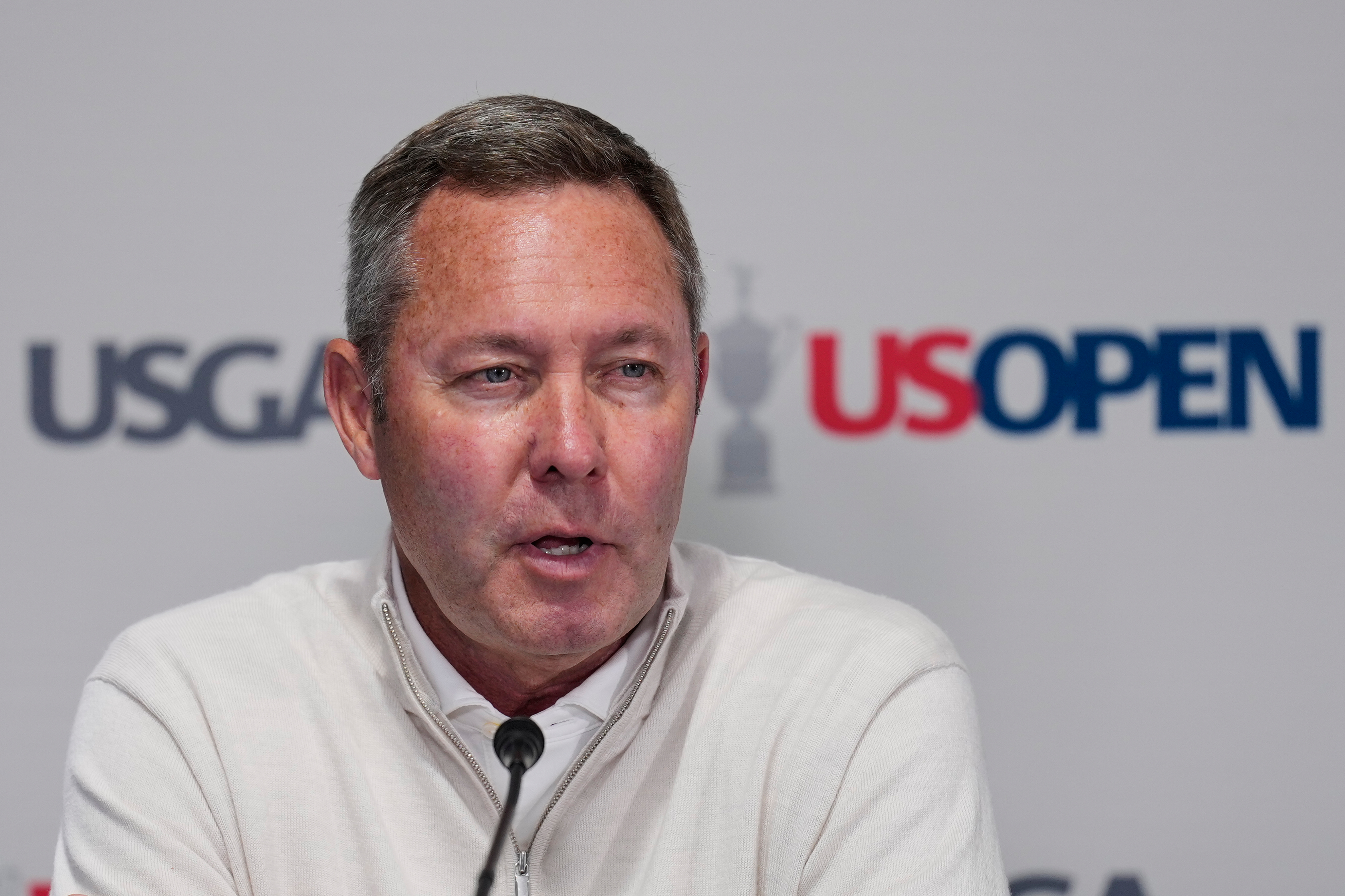 United States Golf Association CEO Mike Whan speaks during a news conference during the U.S. Open golf tournament at Shinnecock Hills Golf Club in Southampton, N.Y., Wednesday, June 17, 2026.
