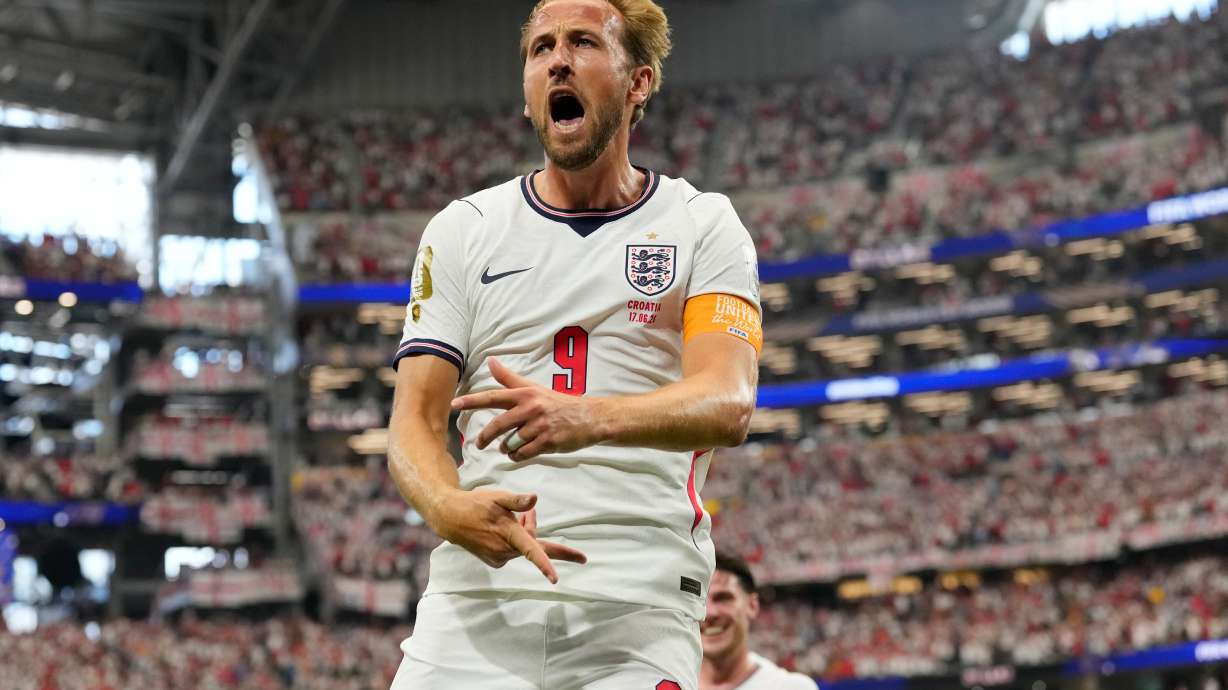 England's Harry Kane (9) celebrates after scoring a goal during the World Cup Group L soccer match between England and Croatia in Arlington, Texas, near Dallas, Wednesday, June 17, 2026.