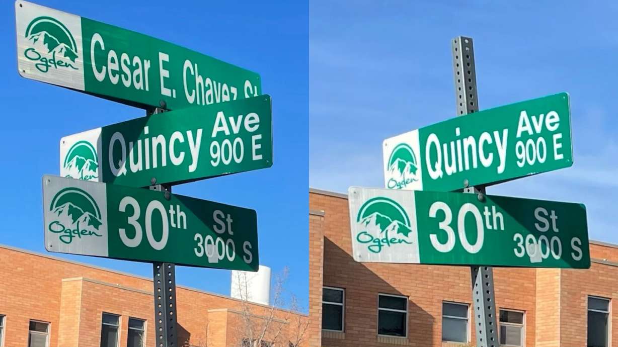The photo on the left shows Cesar Chavez signage on 30th Street in Ogden on March 19, and the April 9 photo on the right shows the same street post with the Chavez signage removed. West Valley City also removed Cesar Chavez Drive signage.