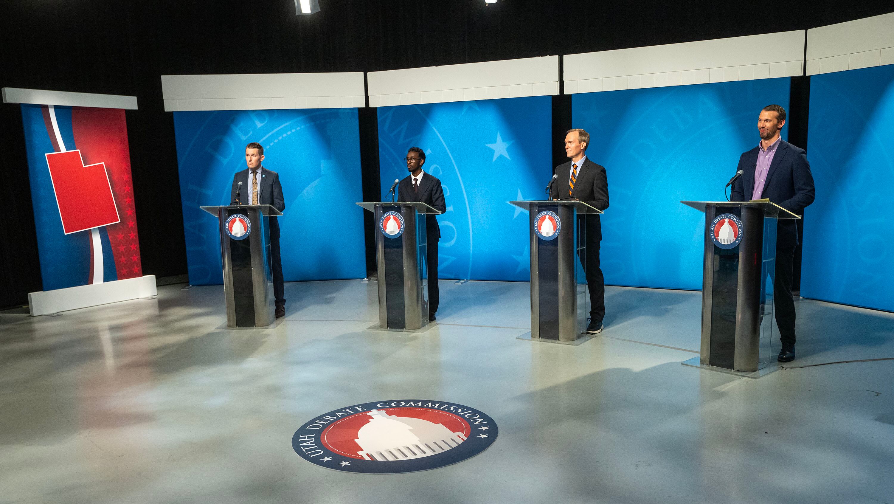 Candidates Nate Blouin, Liban Mohamed, Ben McAdams and Michael Farrell face off in the 1st Congressional District Democratic primary debate at the Eccles Broadcast Center in Salt Lake City on May 27. The new 1st Congressional District favors Democrats by 14 to 24 percentage points.