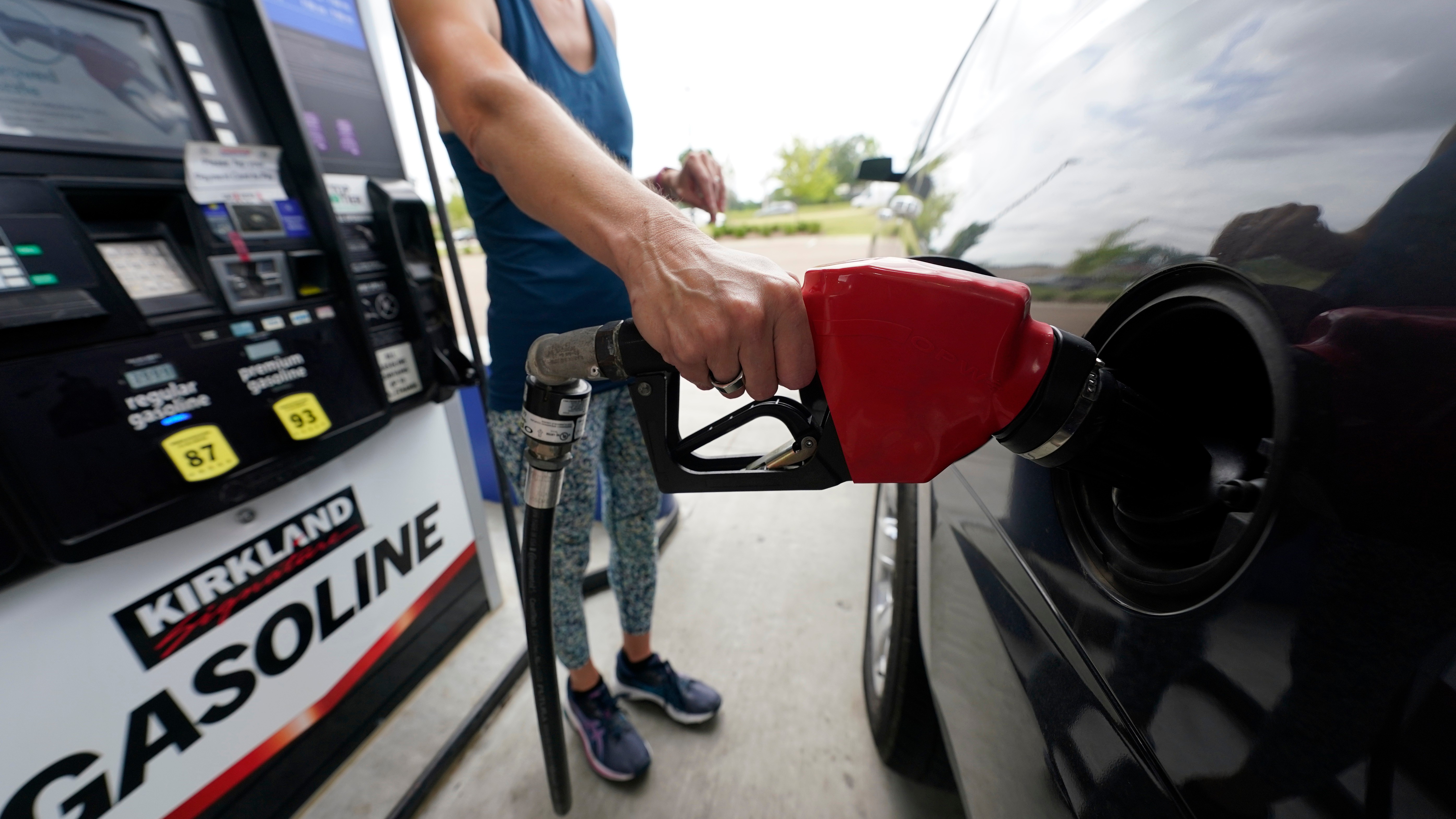 A customer readies to pump gas at this Ridgeland, Miss., Costco, May 24, 2022. Gas prices nationwide fell just barely below $4 for the first time since March on Thursday.
